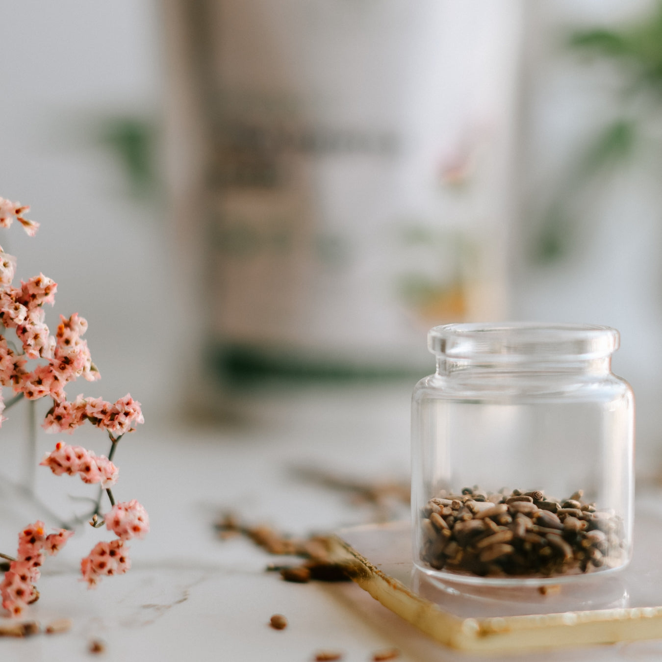 Clear glass jar with milk thistle seeds on a blurred natural background