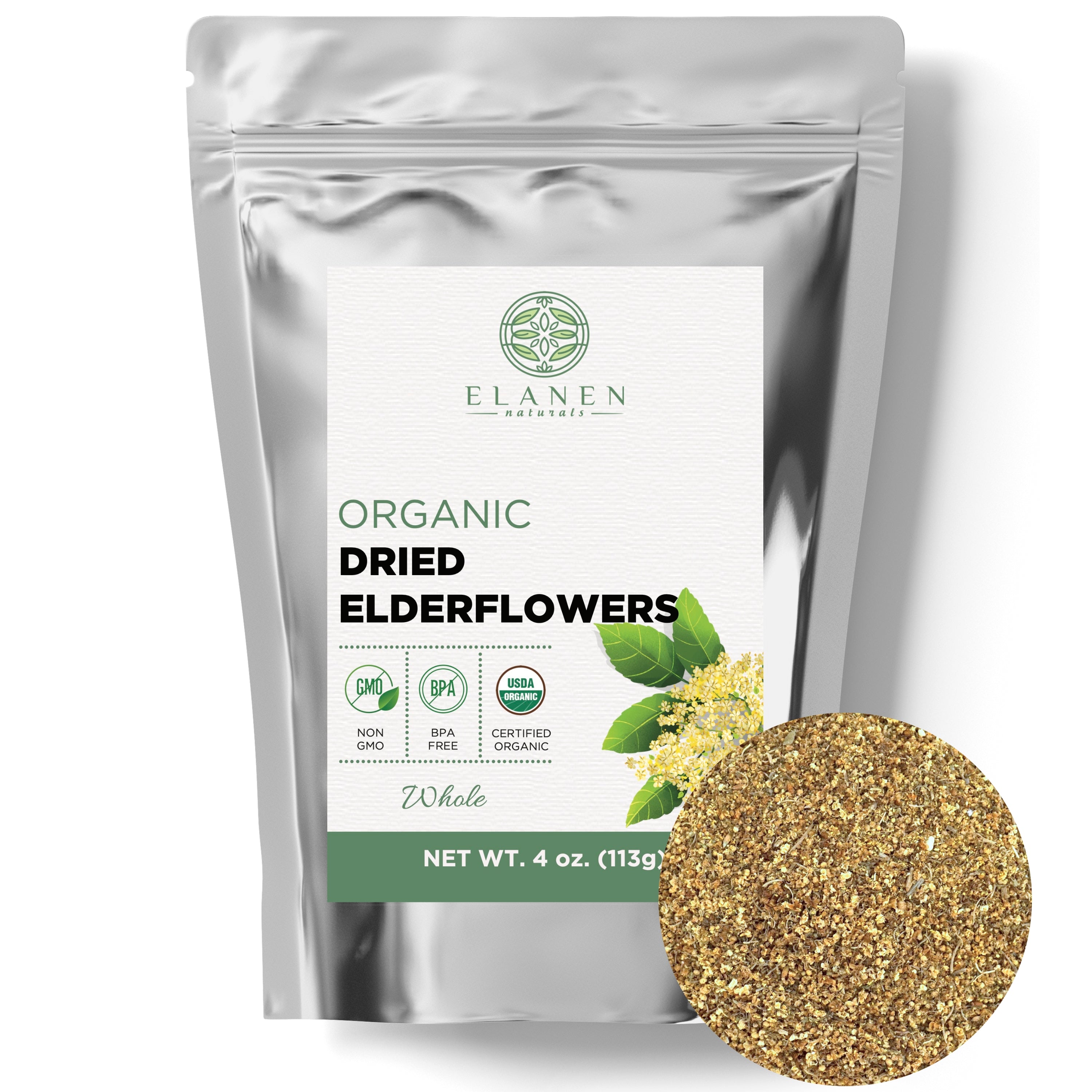 Elanen Naturals organic dried elderflowers packaging on a white background