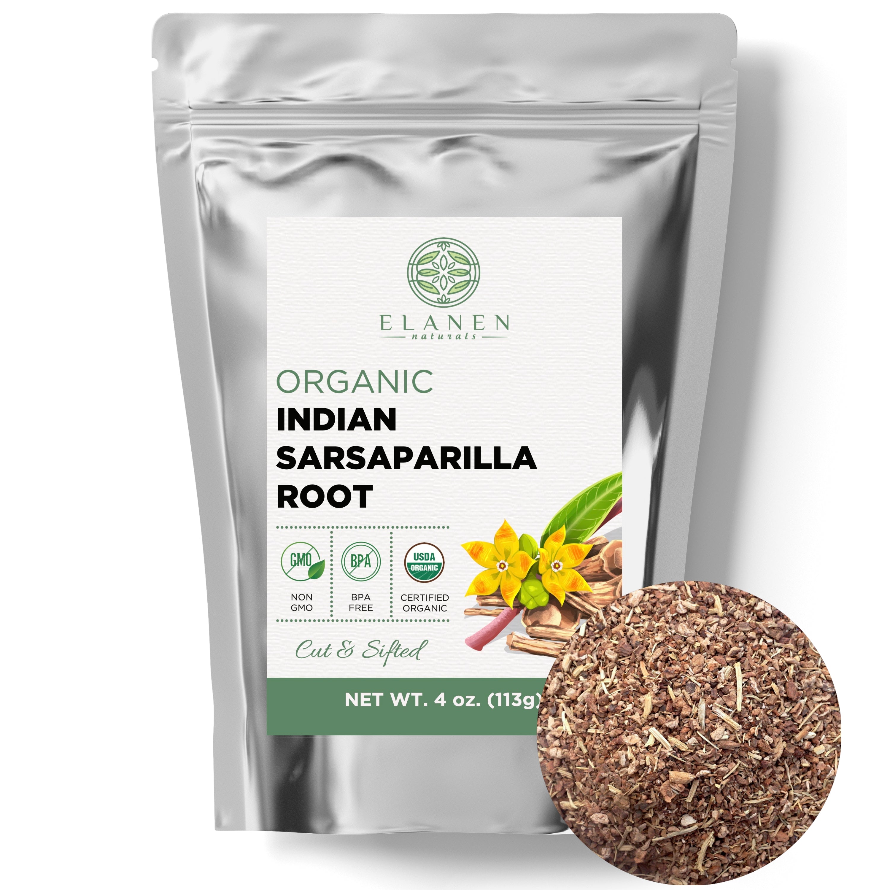 Elanen Organic Indian Sarsaparilla Root packaging with a close-up of the product on a white background
