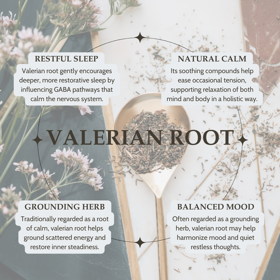 Valerian root with text describing its benefits on a floral background