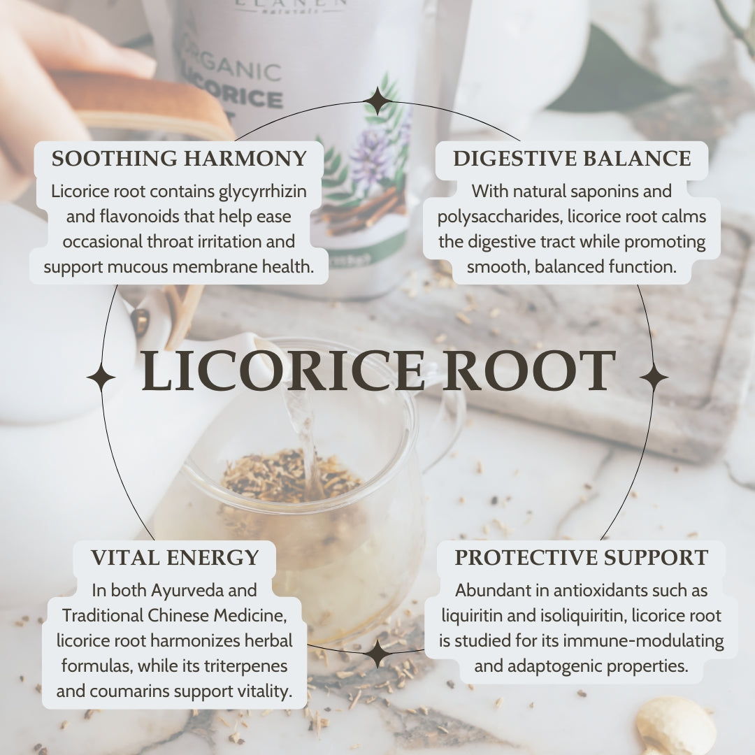 Infographic about licorice root with text and a glass of licorice root tea.