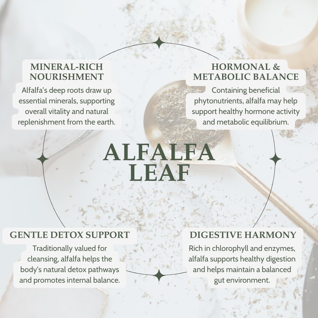 Infographic about the benefits of alfalfa leaf on a white background with text and minimal design elements.