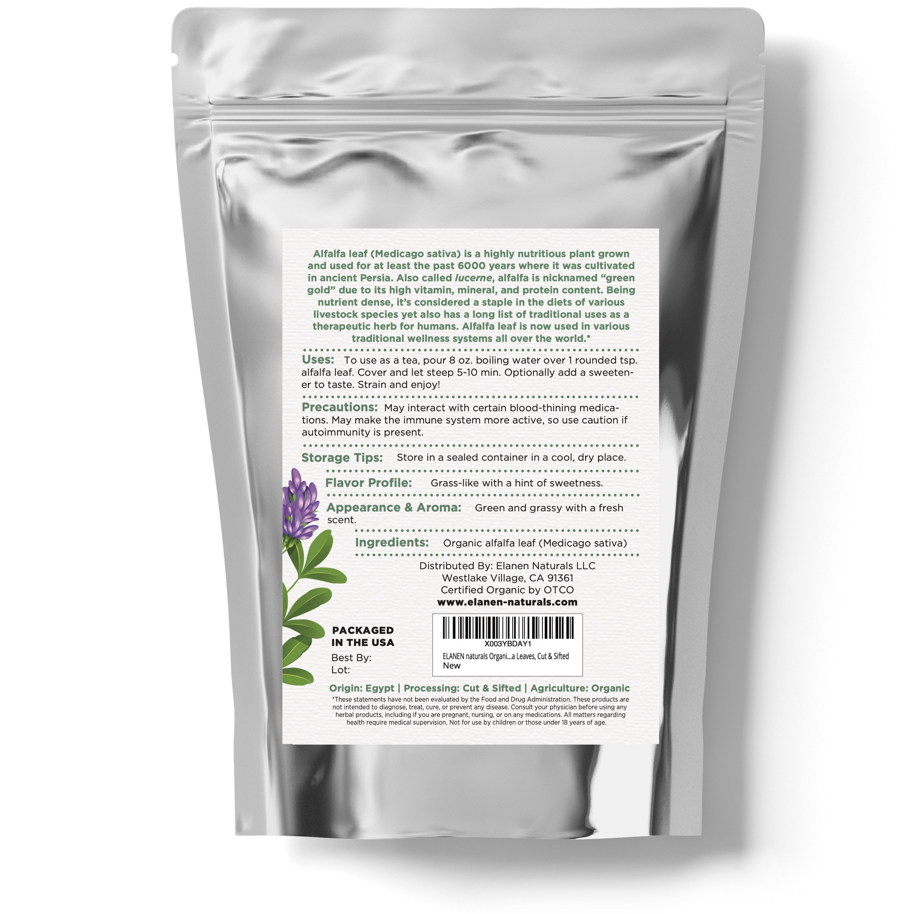 Silver package with text and a alfalfa leaf illustration on a white background