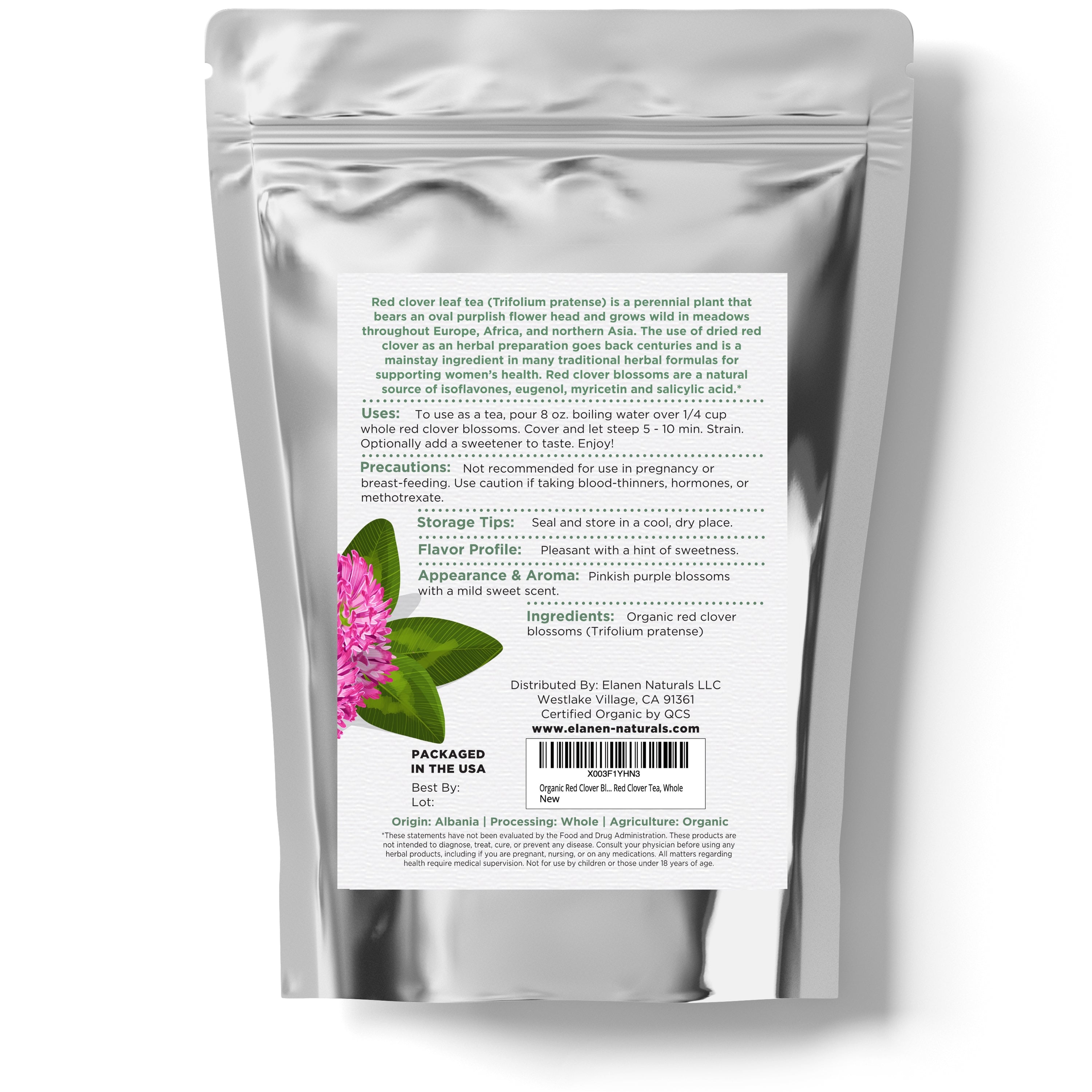 Silver package with a label featuring a pink clover flower and text on a white background