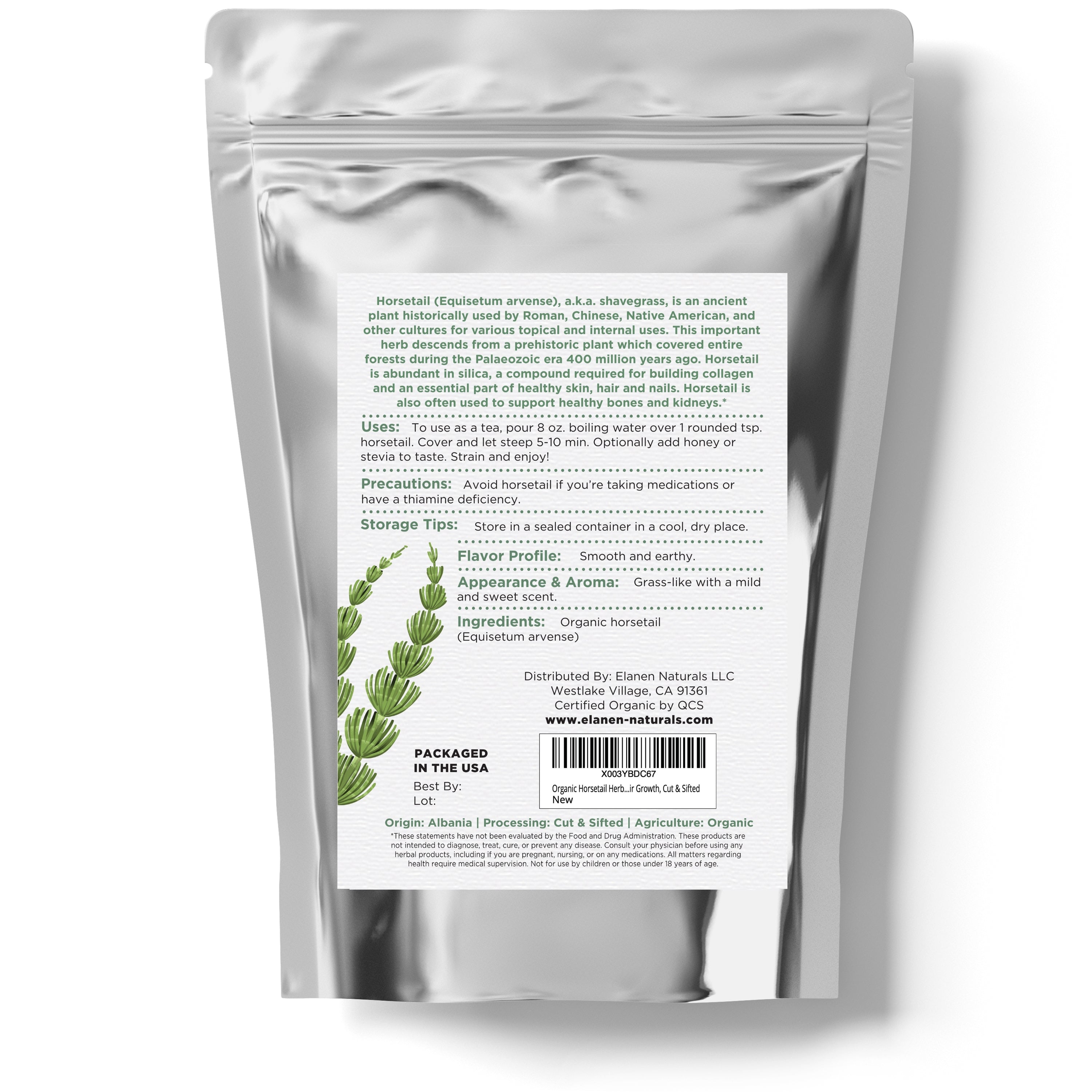 Silver packaging with a white label featuring text and a plant illustration on a white background