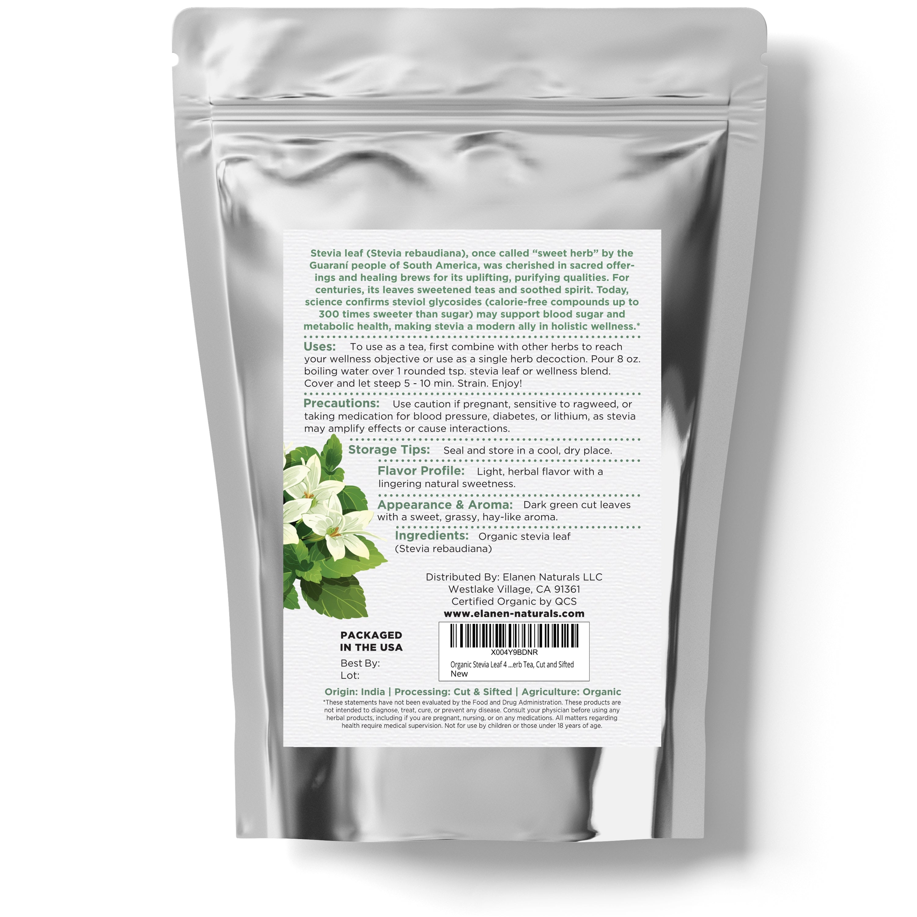 Silver package with white label featuring text and a green leaf graphic on a white background