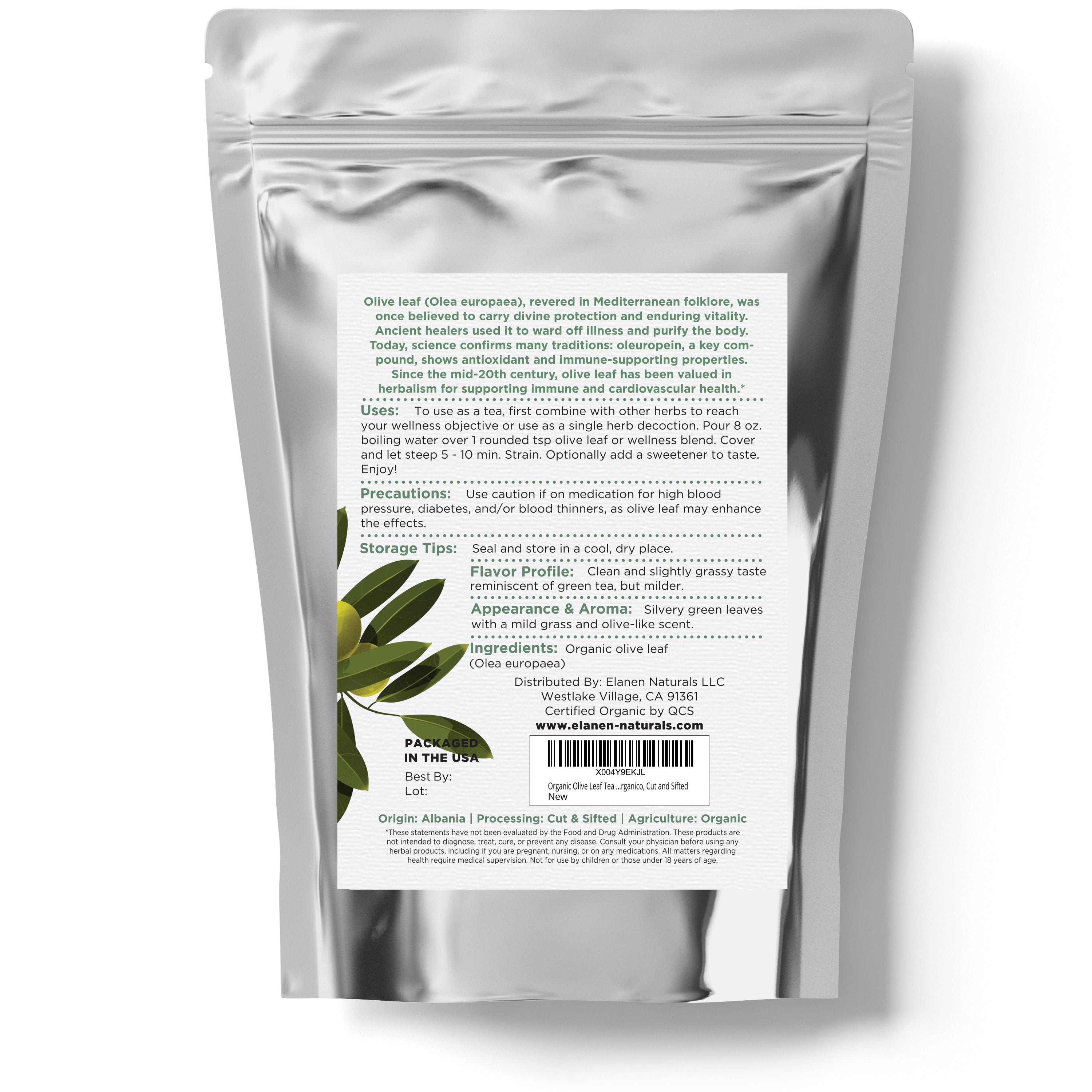 Silver packaging with text and an olive leaf illustration on a white background