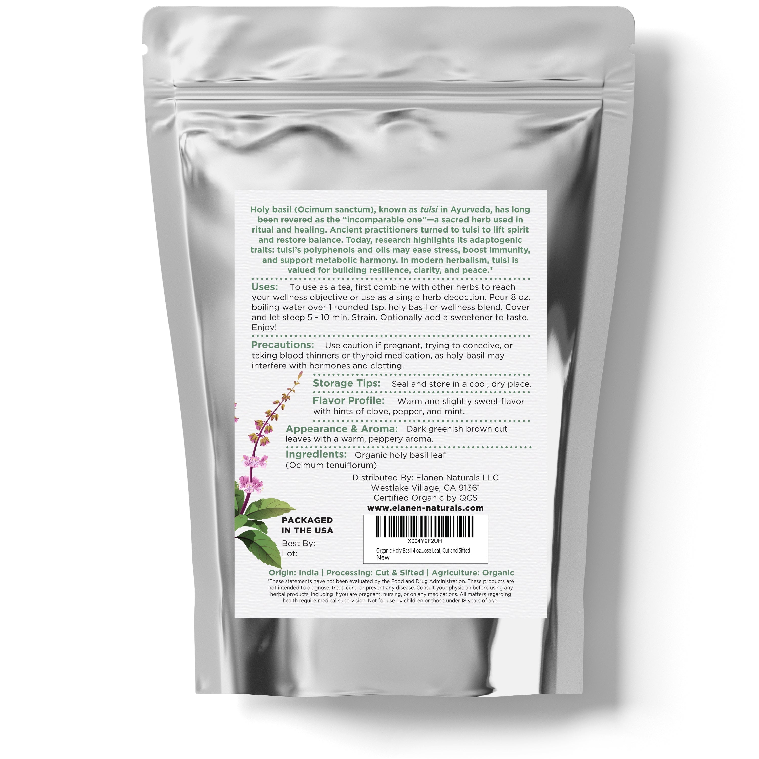 Silver packaging with text and botanical illustration on a white background