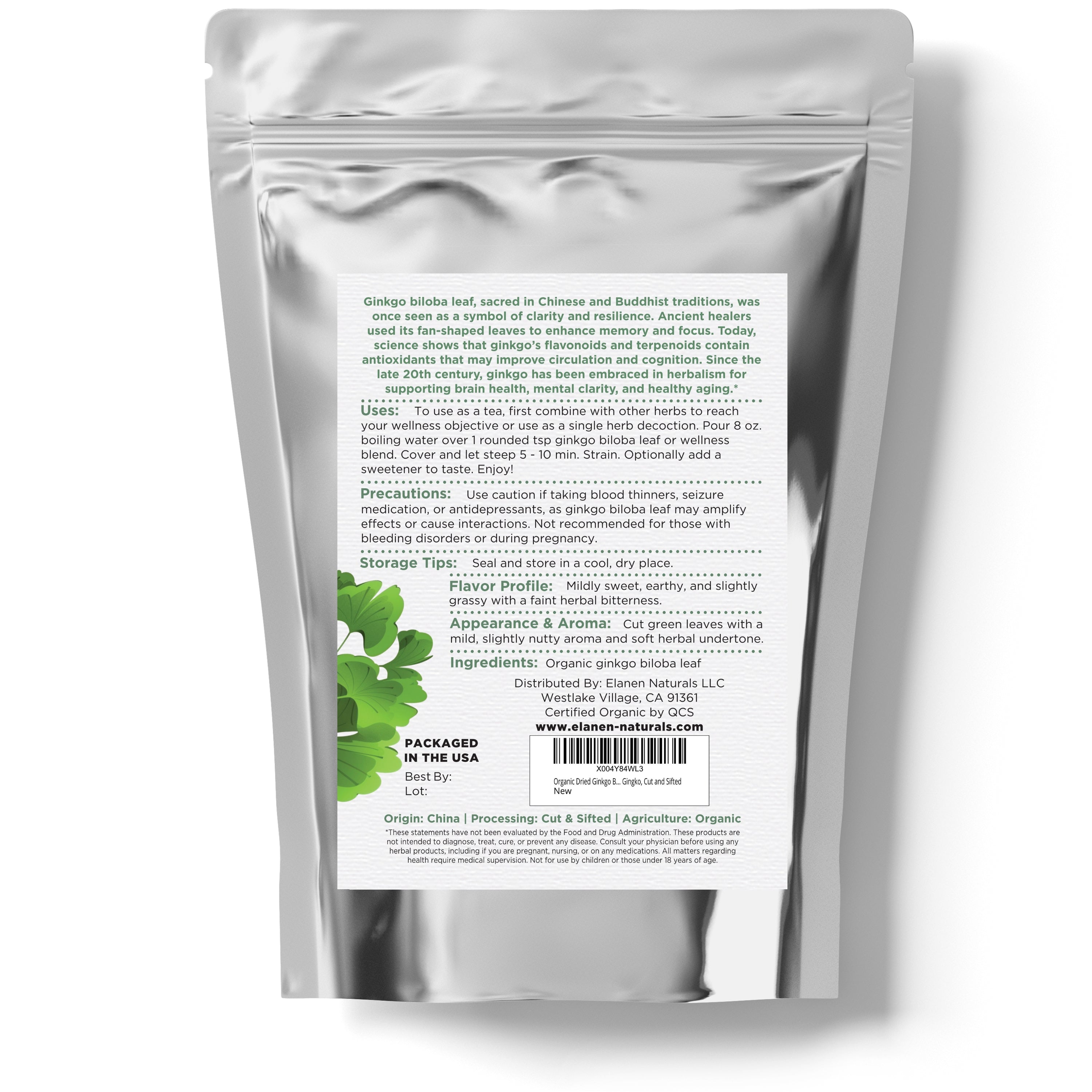Silver package with text and green leaf illustration on a white background