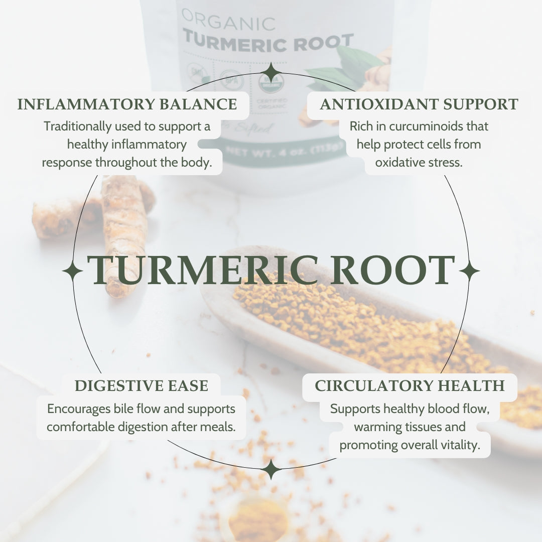 Turmeric root with text highlighting its health benefits on a white background