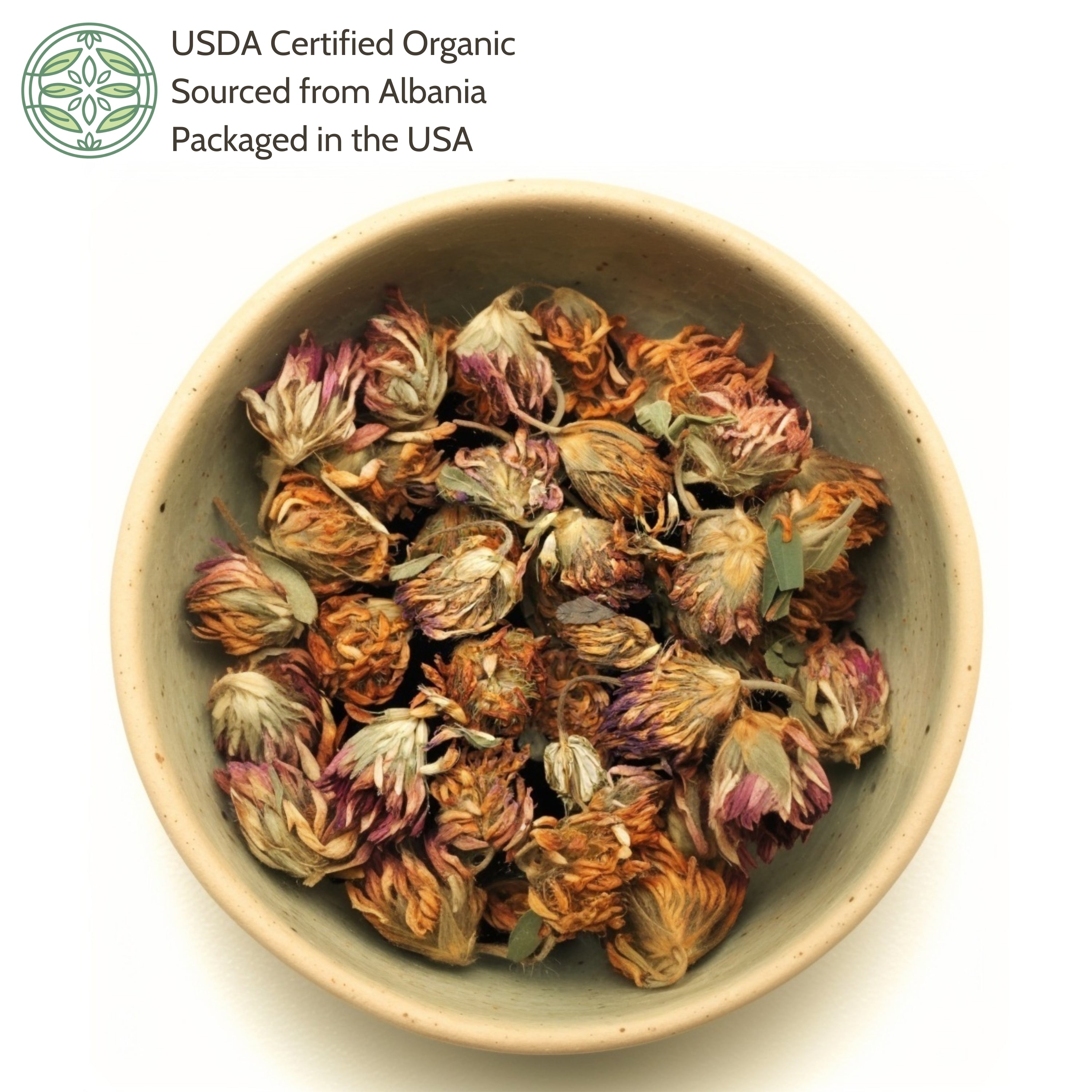 Bowl of dried red clover with USDA Certified Organic wording