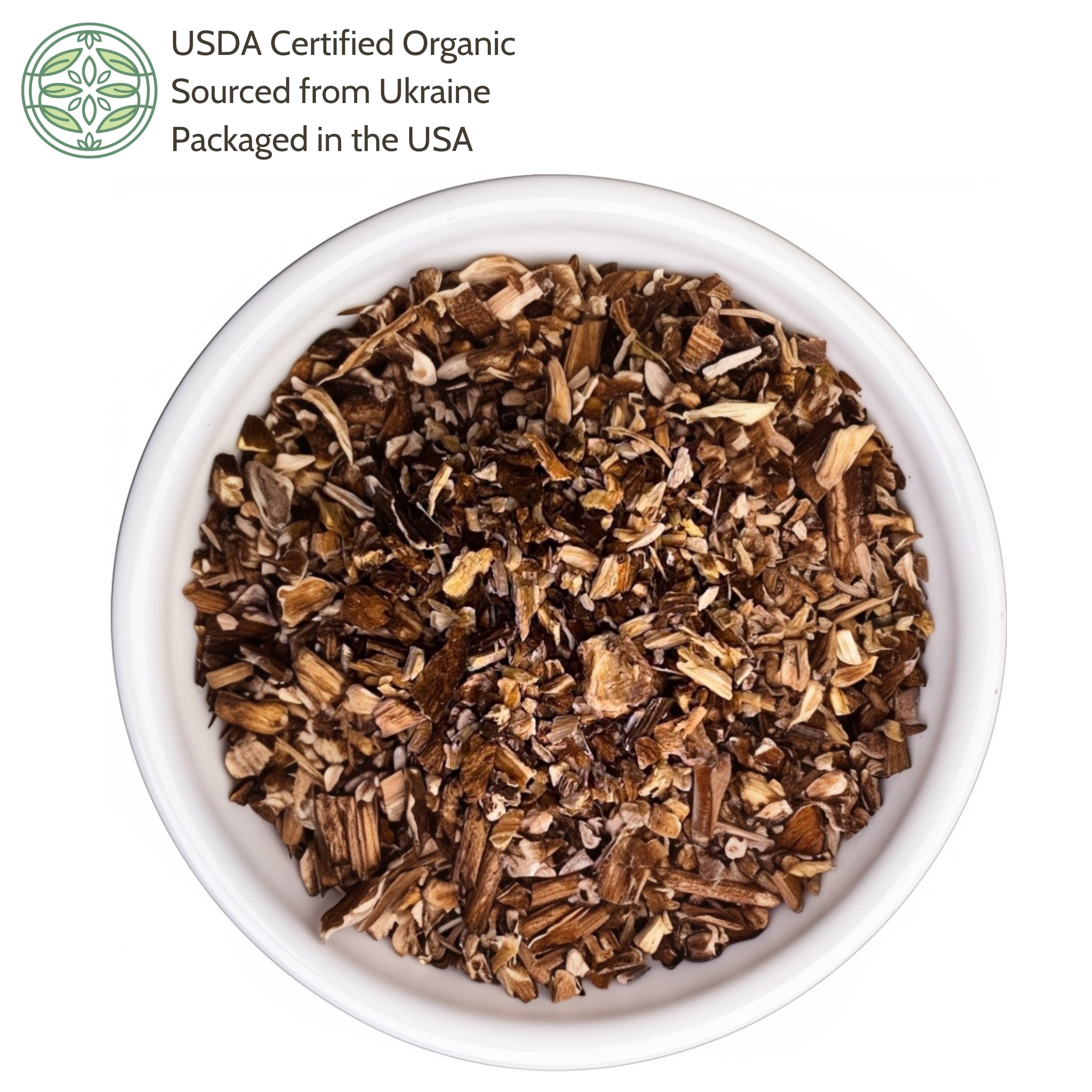 Dried herbs in a white bowl with USDA Certified Organic label on a white background