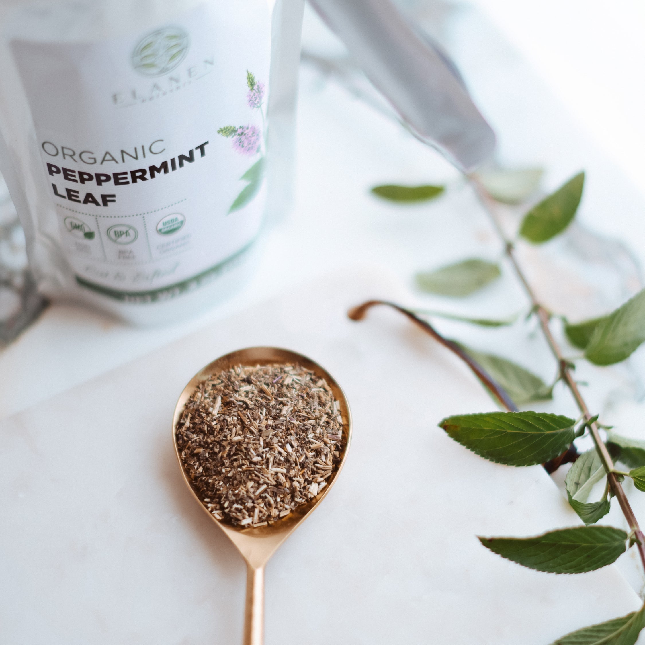 Spoonful of organic peppermint leaf on a white surface with a container labeled 'Organic Peppermint Leaf' in the background.
