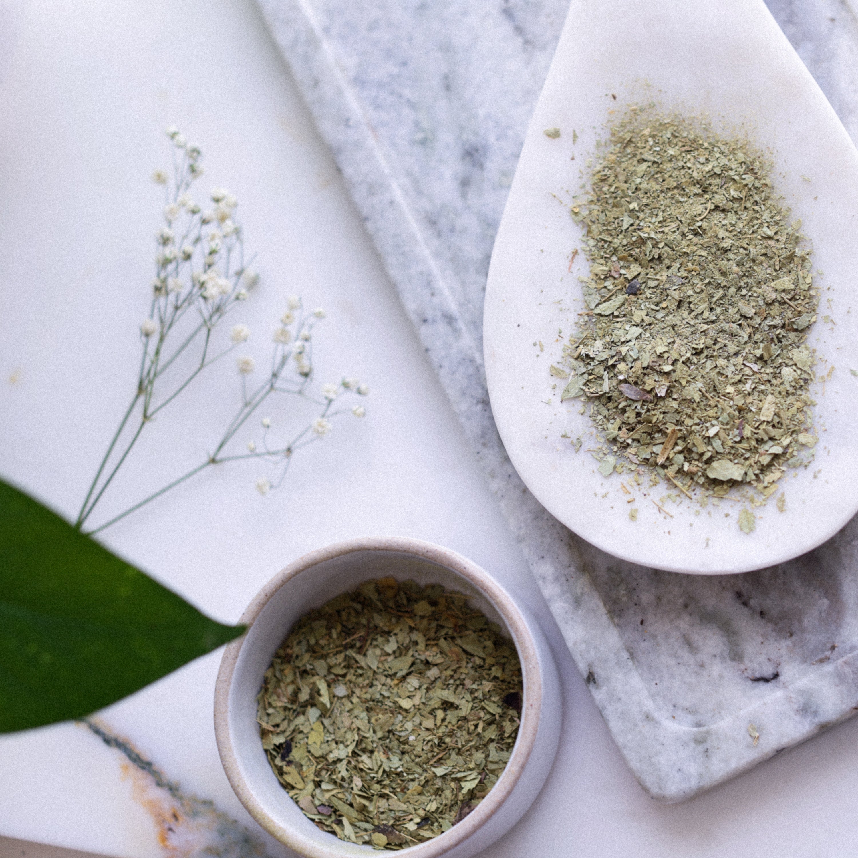 senna leaf in a small bowl and on a spoon on a marble surface