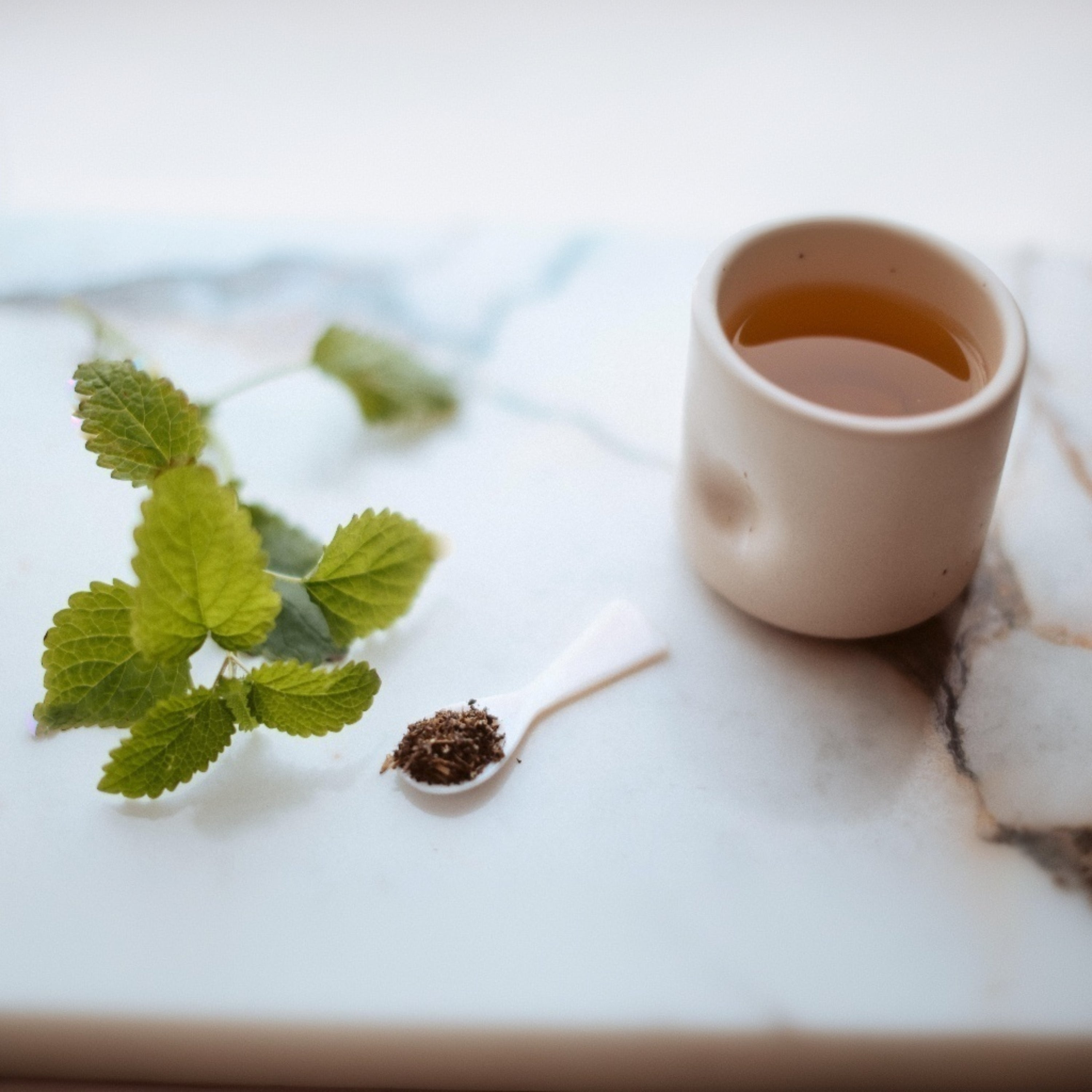 Ceramic mug with tea, lemon balm leaves, and a spoon on a marble surface