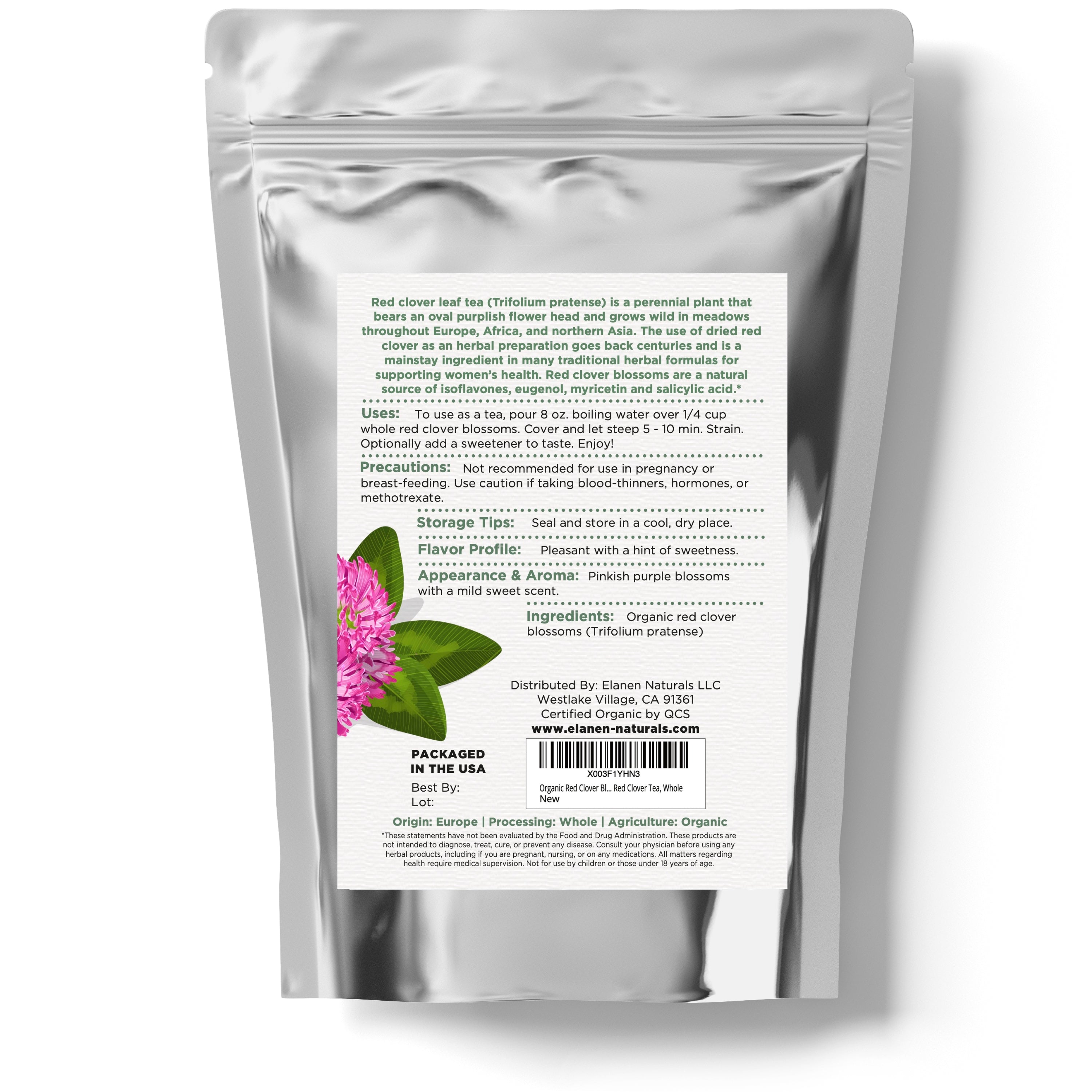 Silver package with a label featuring a red clover flower on a white background