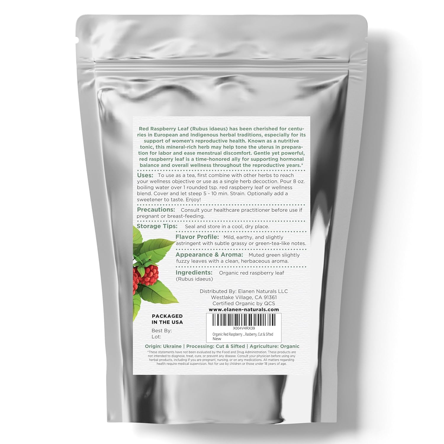 Silver package with red raspberry leaf illustration and text on a white background