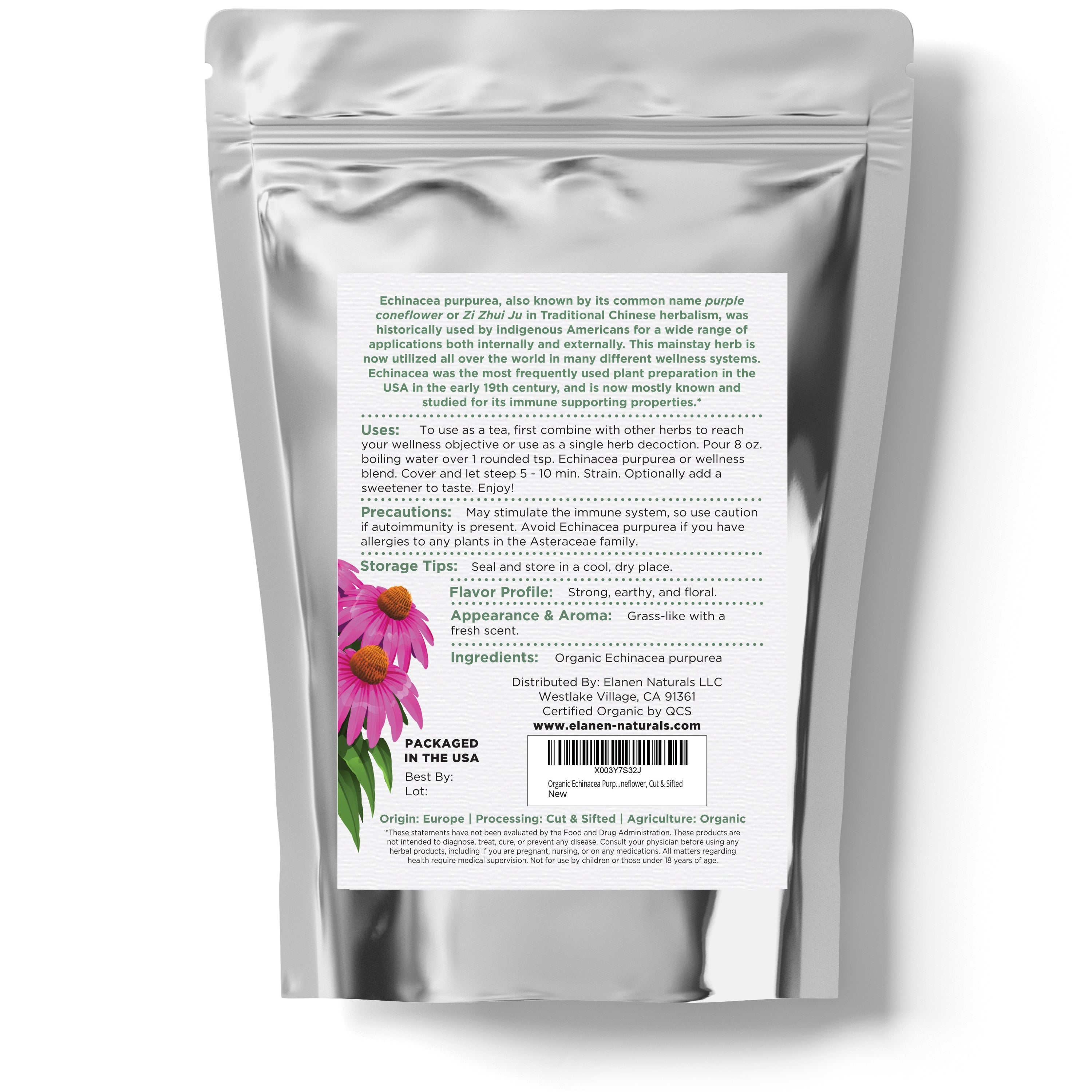 Silver packaging with a label featuring text and a pink flower illustration on a white background