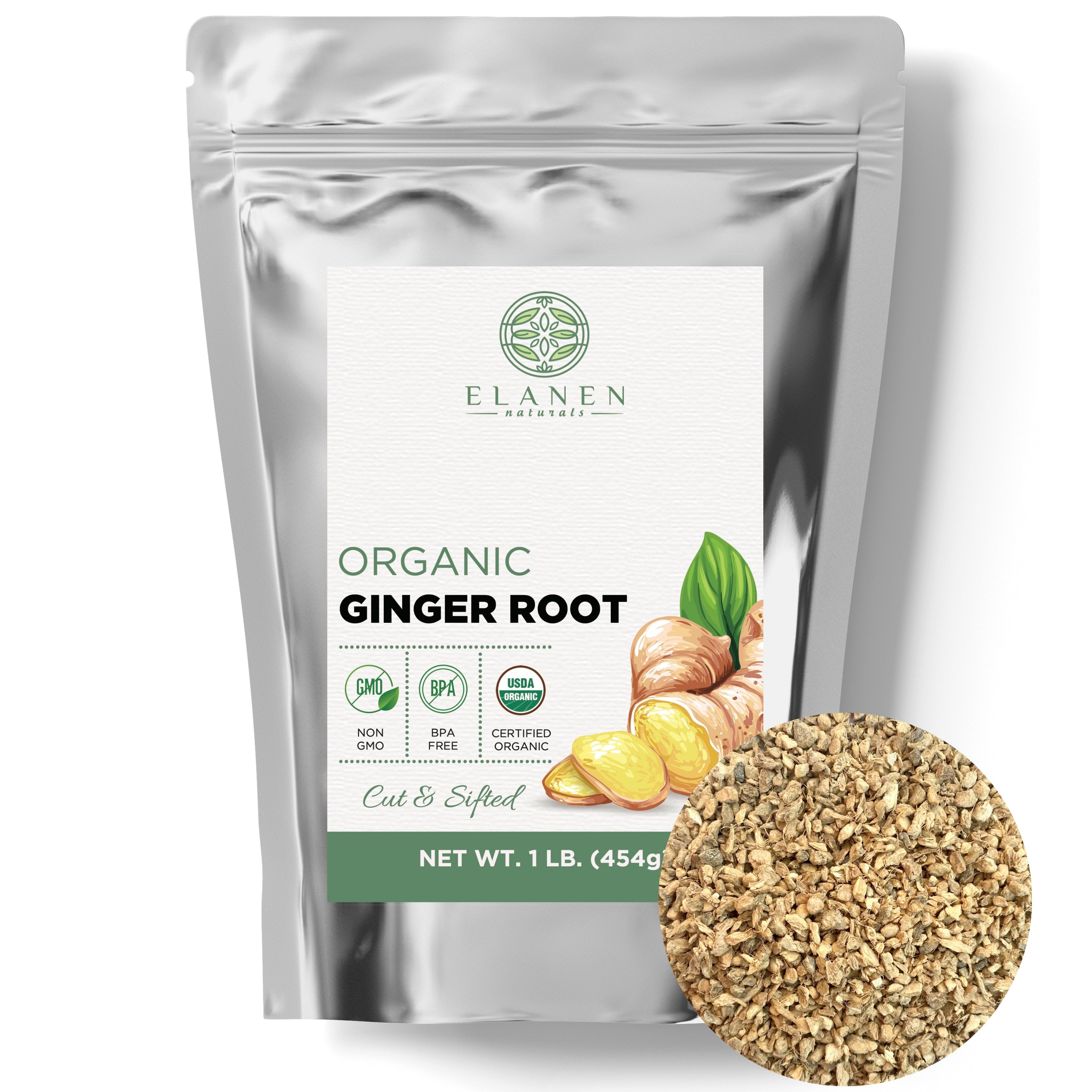 Elanen Organic Ginger Root packaging with ginger root illustration on a white background