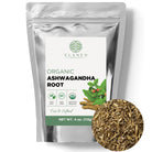Elanen Organic Ashwagandha Root package with a close-up of the product on a white background