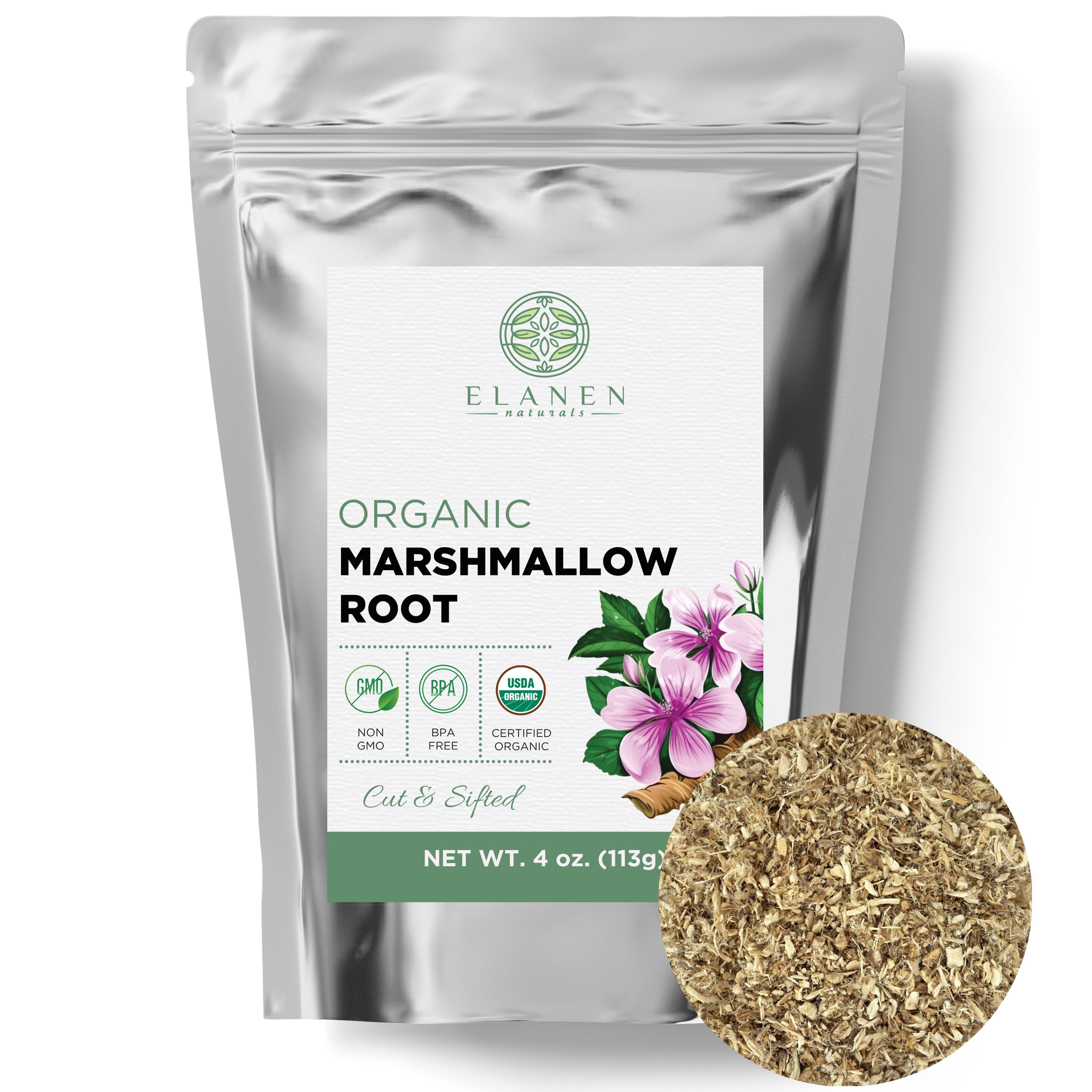Elanen Organic Marshmallow Root packaging with a sample of the root on a white background