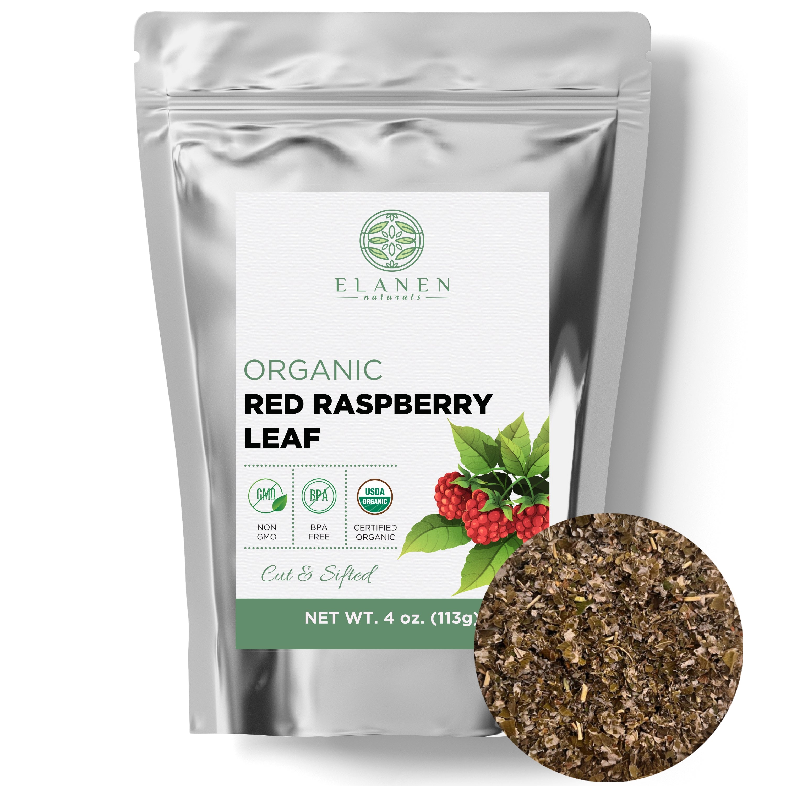 Elanen Organic Red Raspberry Leaf packaging on a white background