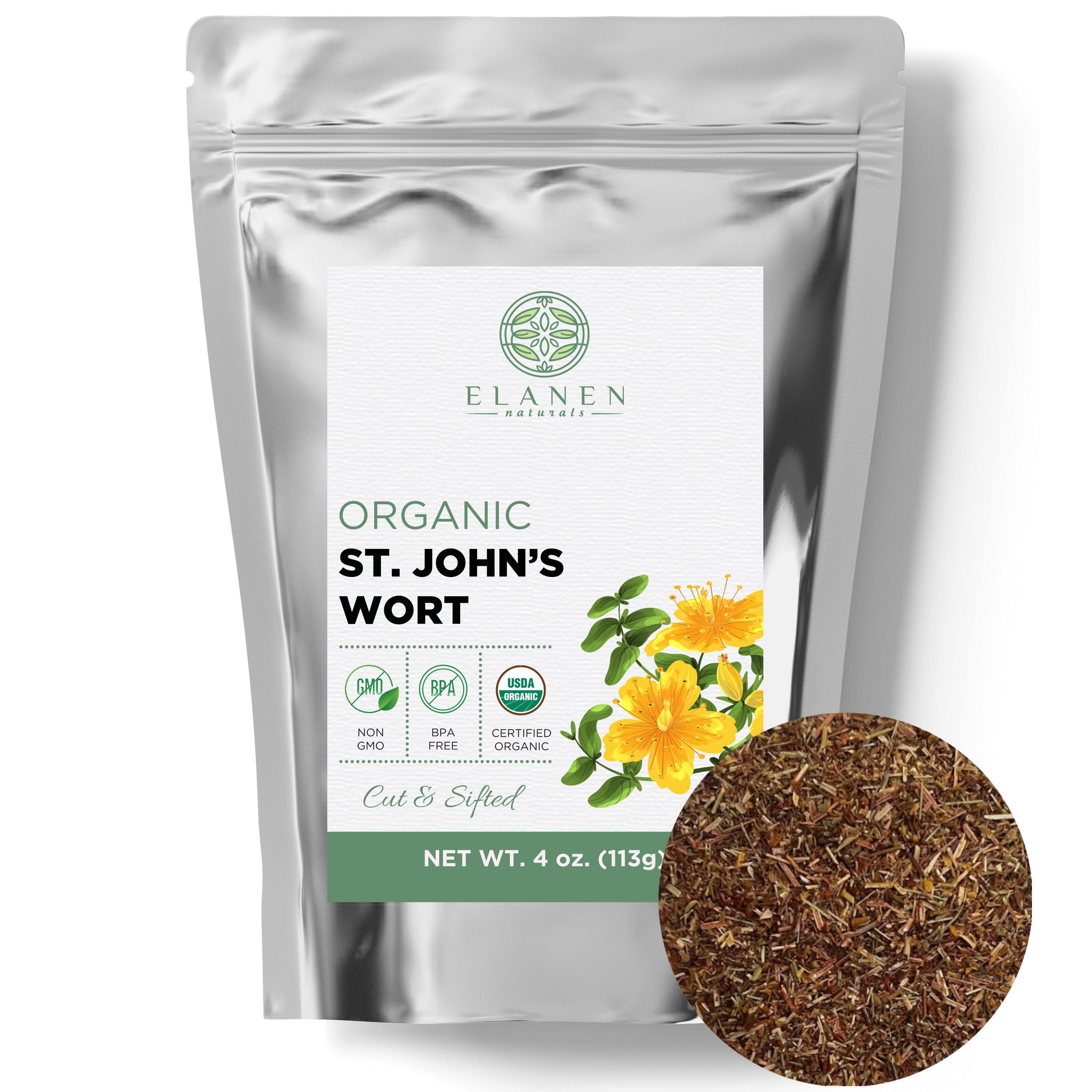 Elanen Naturals organic St. John's Wort packaging with visible contents.