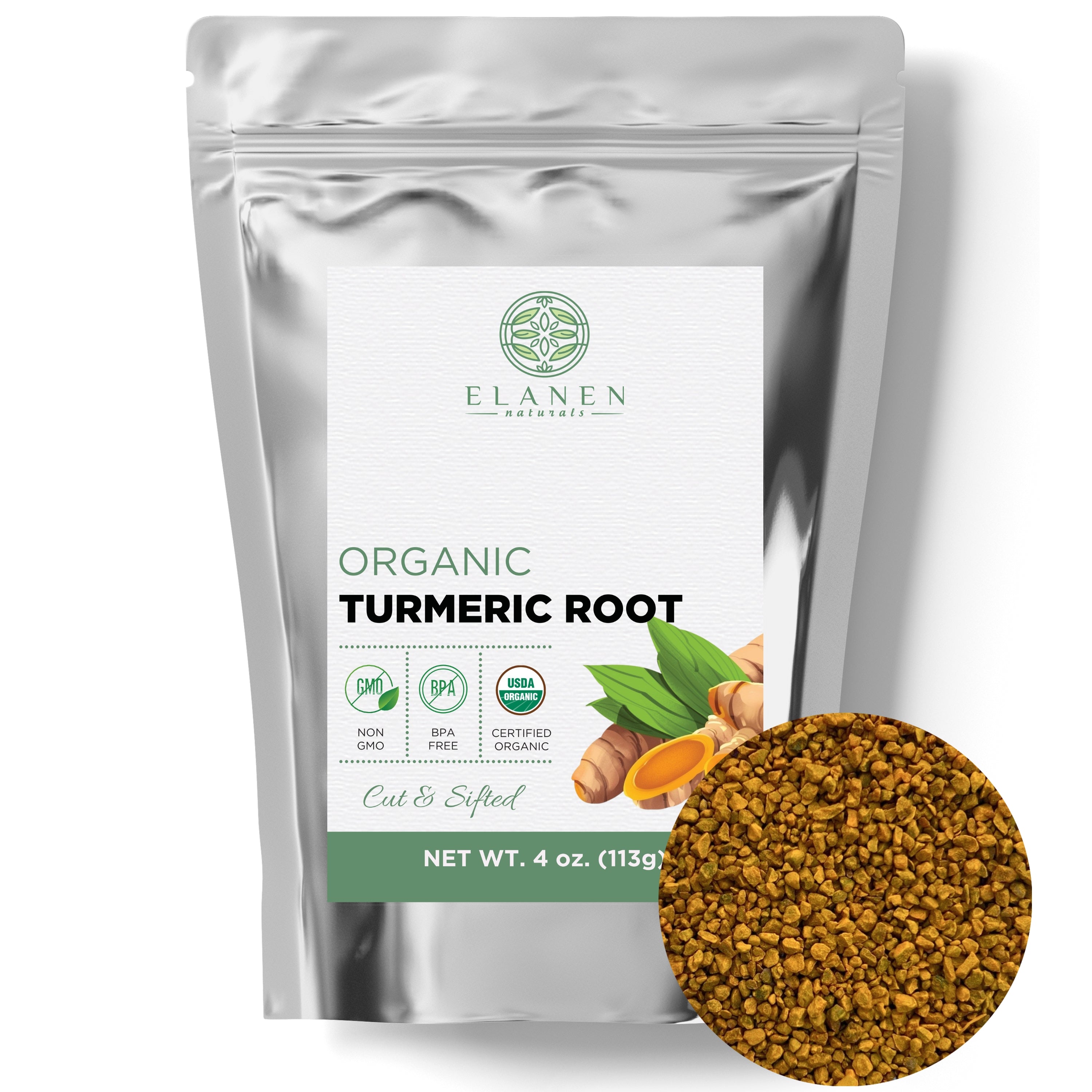 Elanen Naturals organic turmeric root packaging on a white background