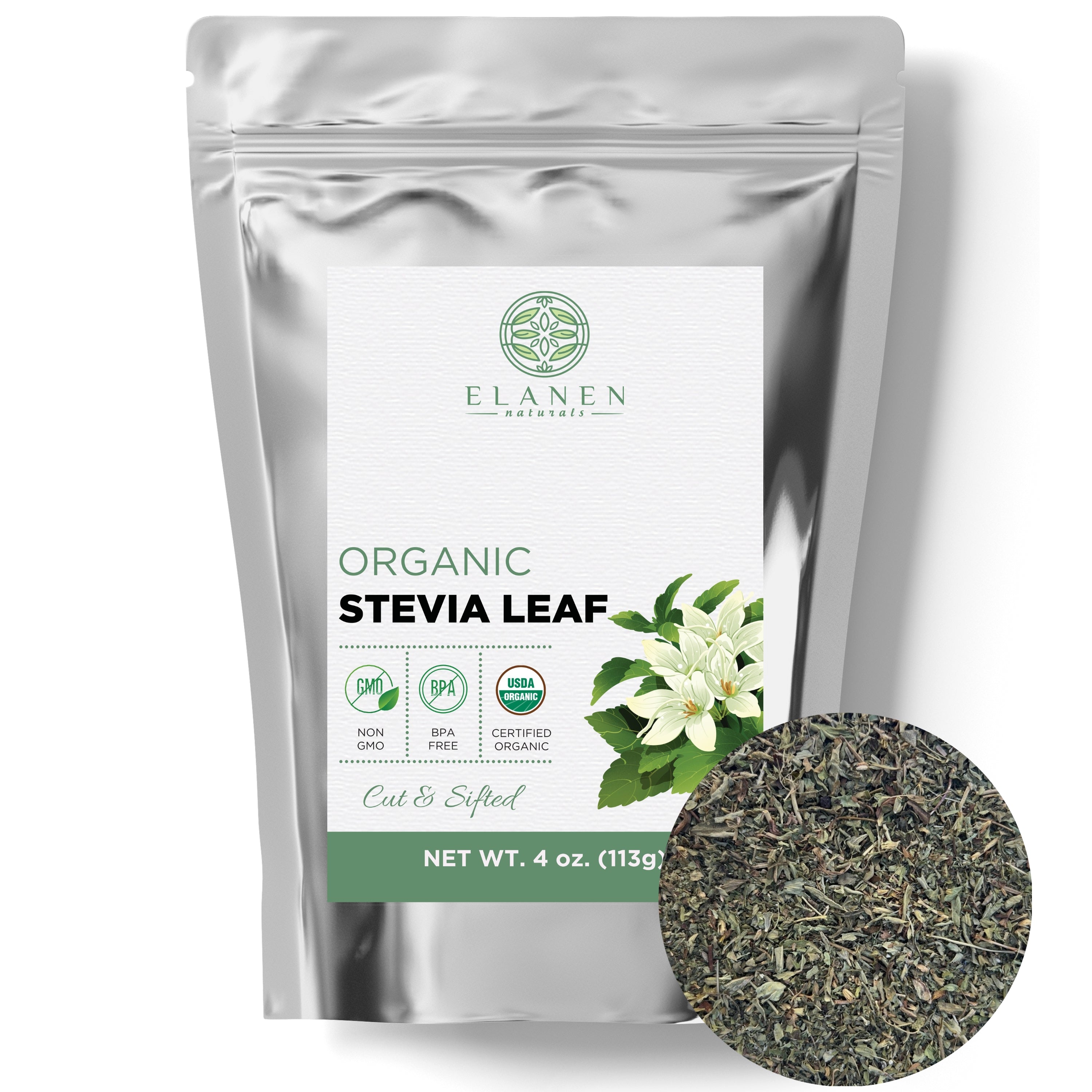 Elanen Naturals organic stevia leaf packaging with a close-up of the product on a white background