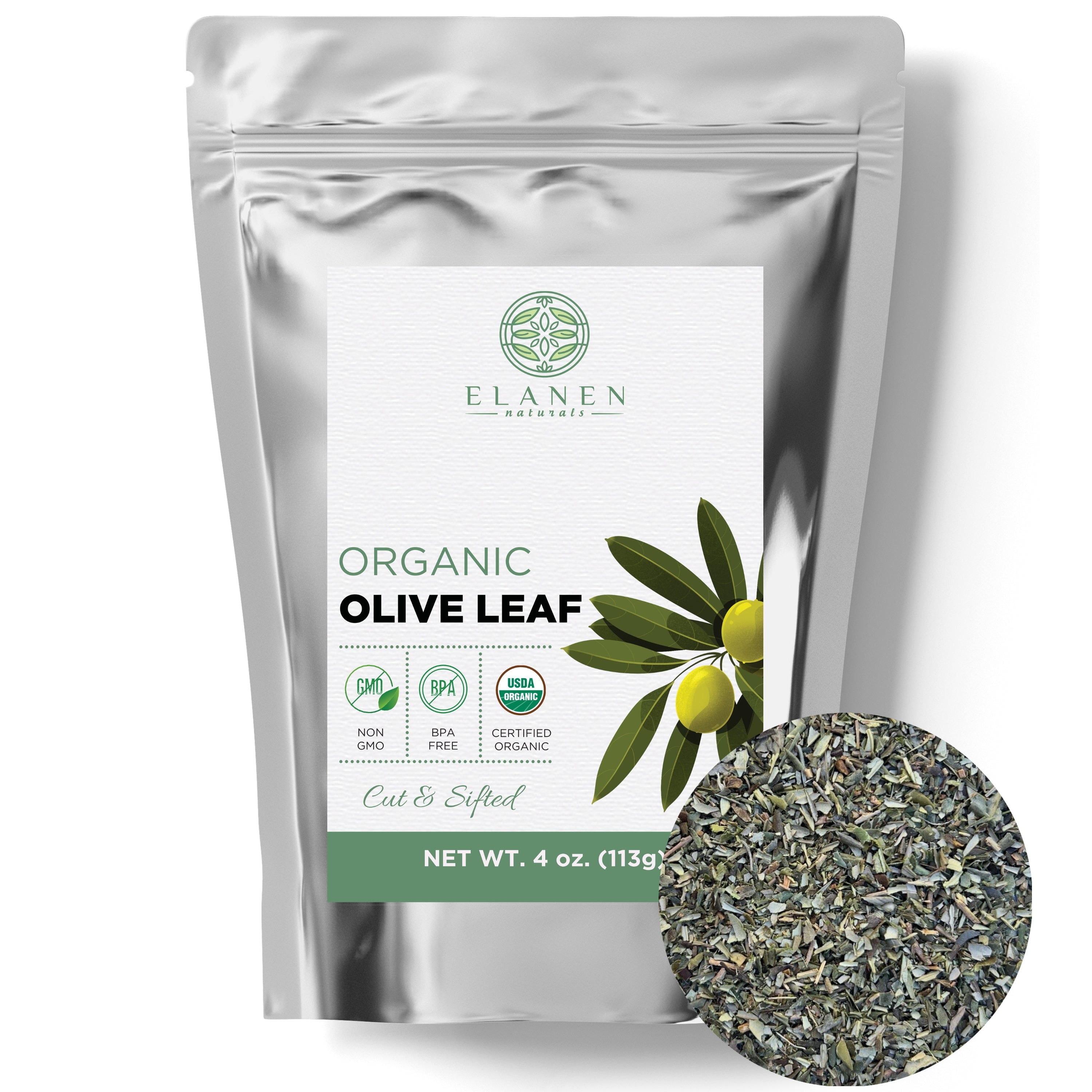 Elanen Naturals organic olive leaf package with a close-up of the product on a white background
