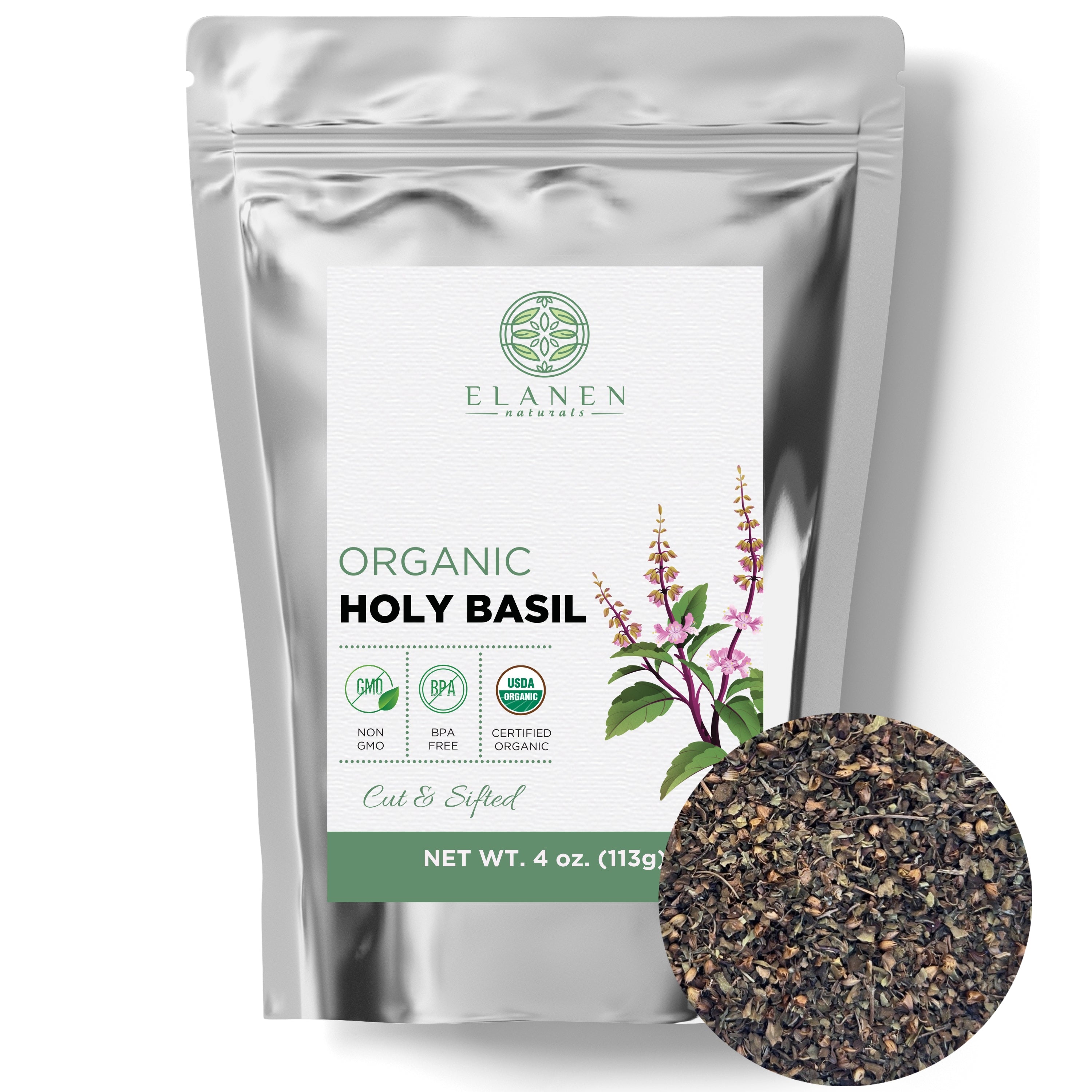 Elanen Naturals organic holy basil package with a close-up of the product on a white background