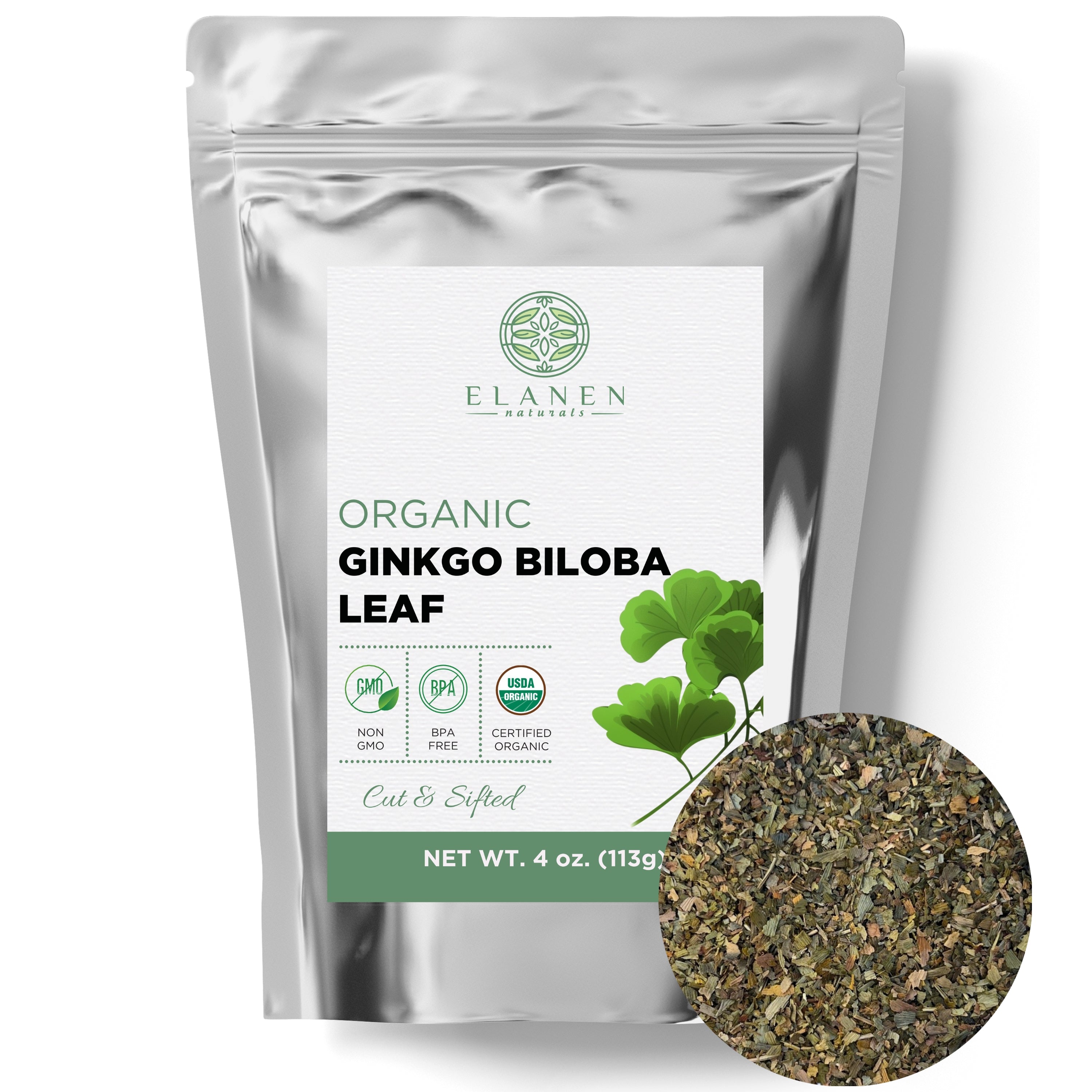 Elanen Naturals organic Ginkgo Biloba Leaf packaging on a white background