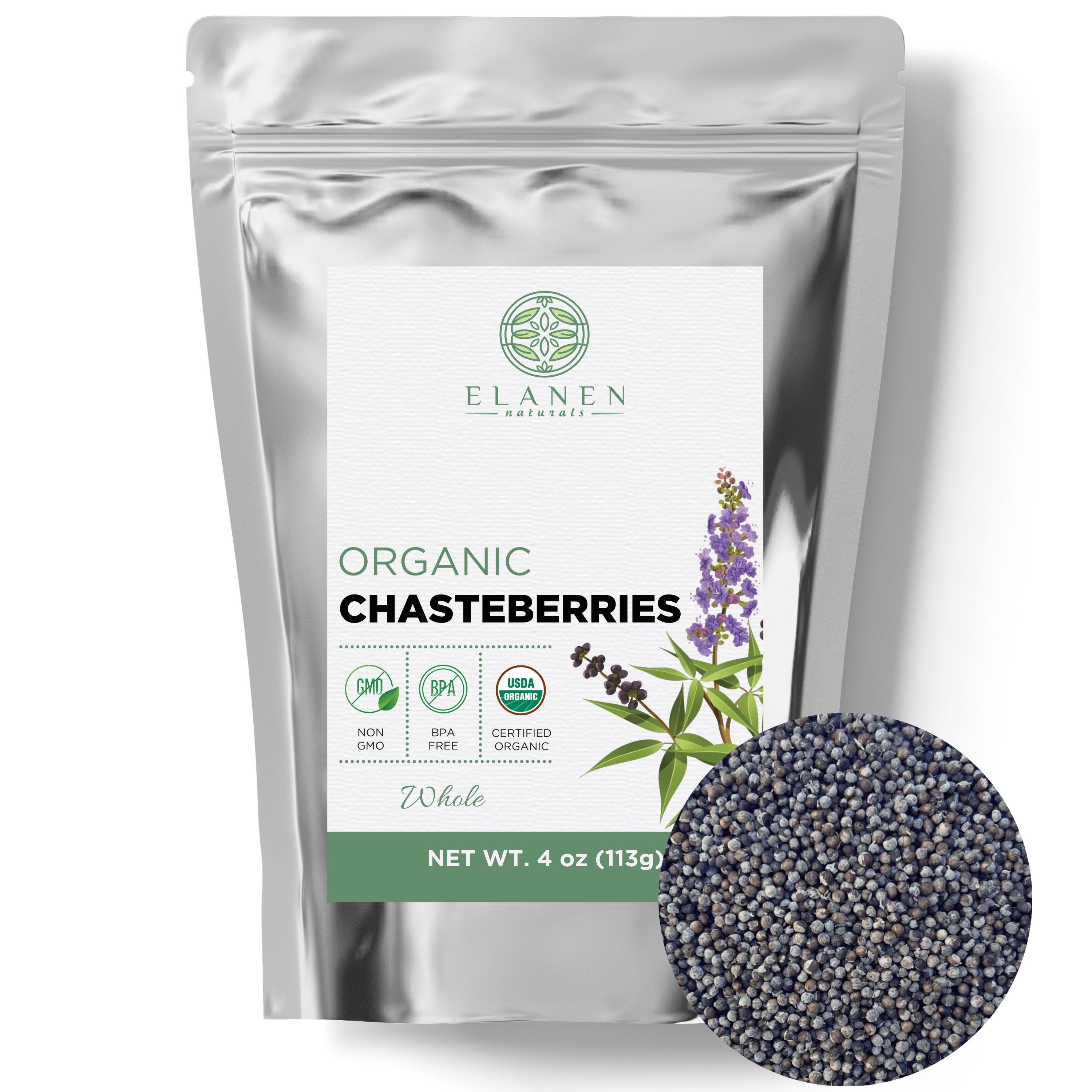 Elanen Naturals organic chasteberries packaging on a white background