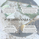 Rehmannia 6 herbal supplement with text on benefits on a textured background