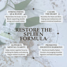 Promotional graphic for 'Restore the Spleen Formula' with text about its benefits on a nature-themed background.
