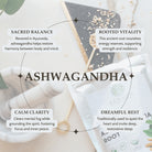Promotional image of Ashwagandha with text on its benefits and uses.