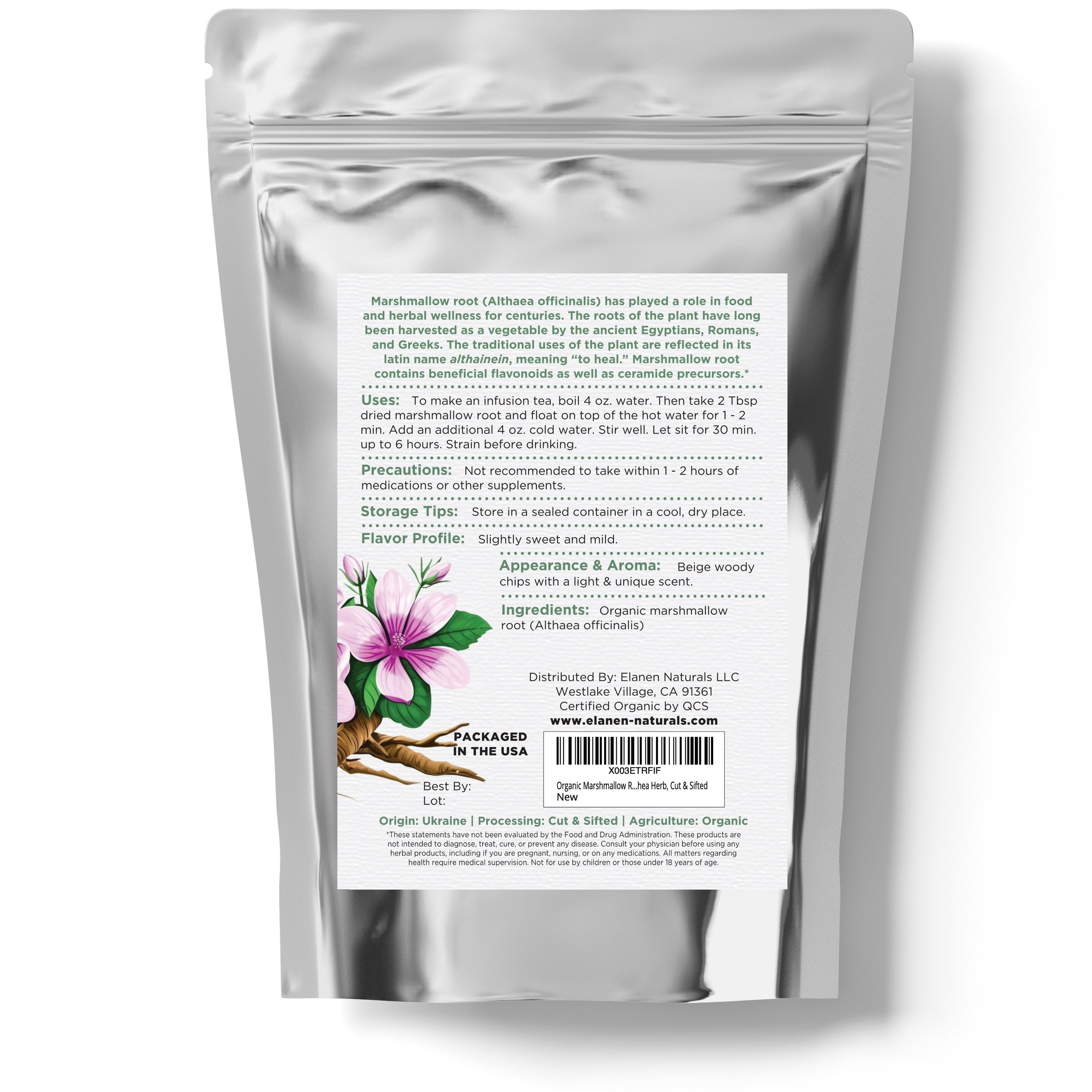 Silver package with a label featuring herbal information on a white background