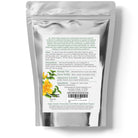 Silver packaging with text and images of a flower on a white background