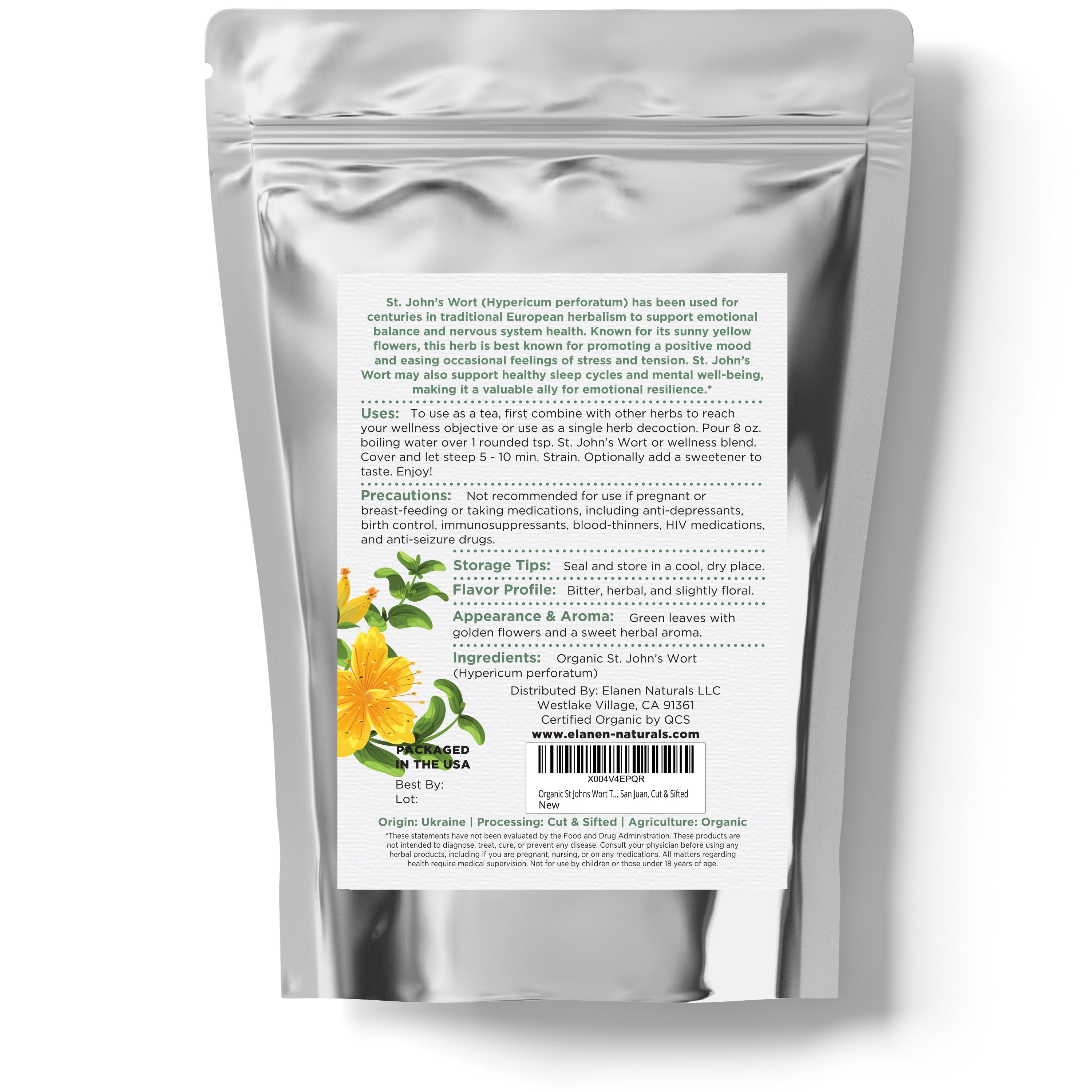 Silver packaging with text and images of a flower on a white background