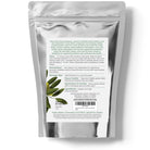 Silver packaging with text and an olive leaf illustration on a white background