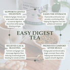 Promotional graphic for Easy Digest Tea with text about its benefits.