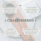 Chasteberries with text on hormonal balance, cycle support, PMS relief, and endocrine harmony.
