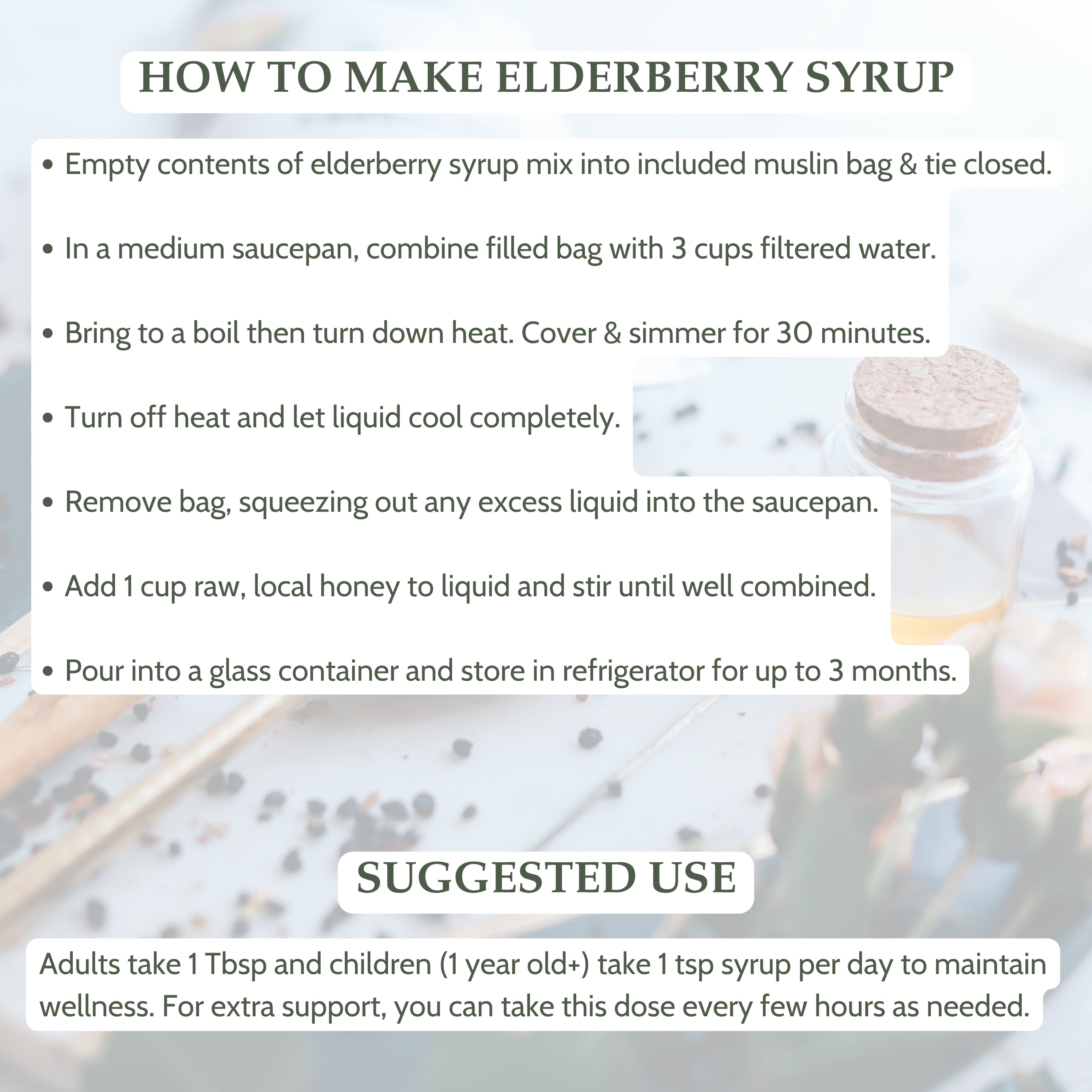 Instructions for making elderberry syrup with a blurred background