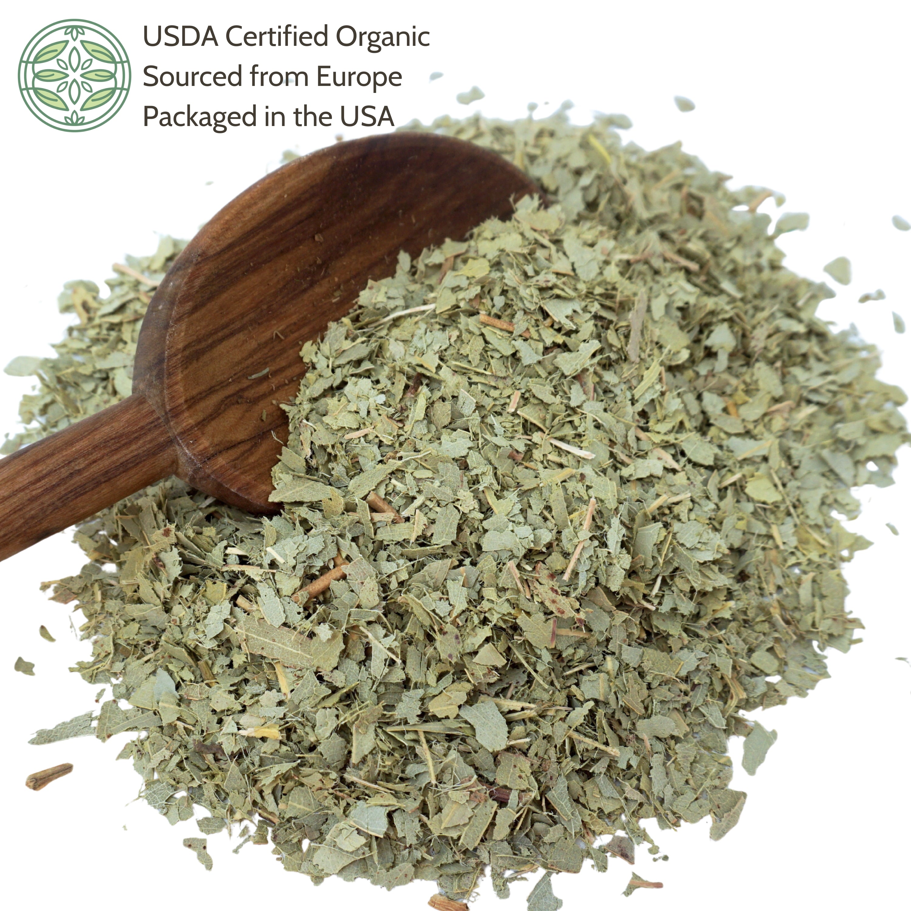 Dried eucalyptus with a wooden spoon on a white background, USDA Certified Organic label visible.