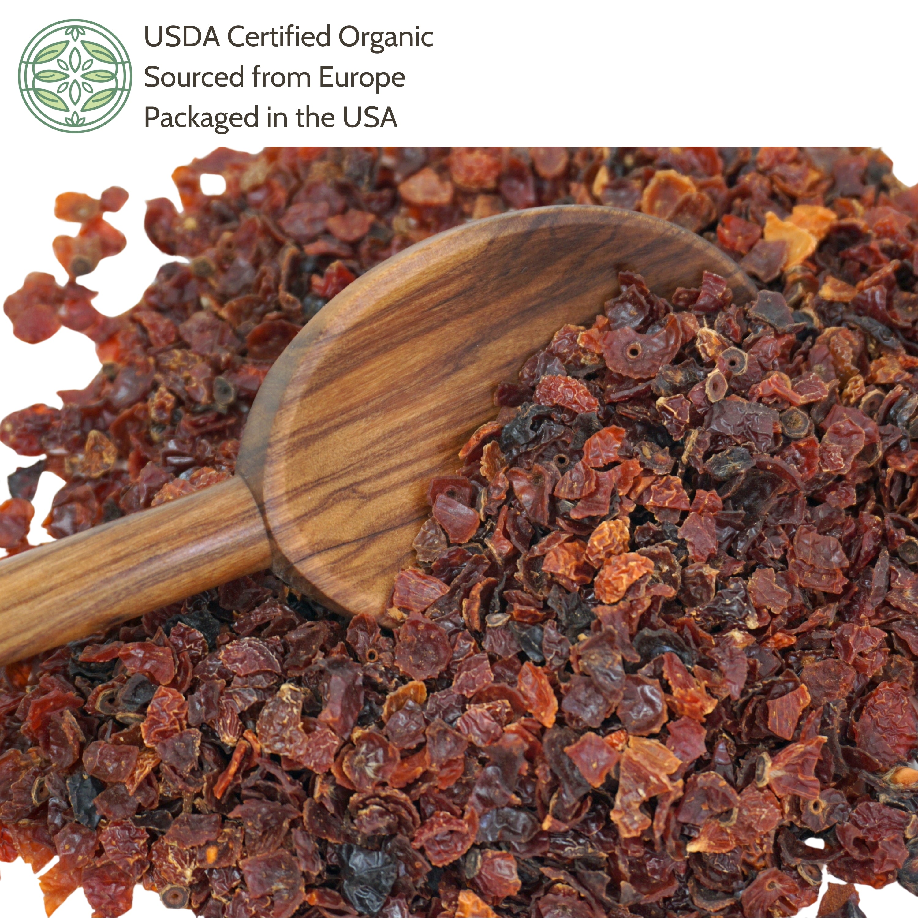 Dried rosehips with a wooden spoon on a white background, featuring Elanen logo.