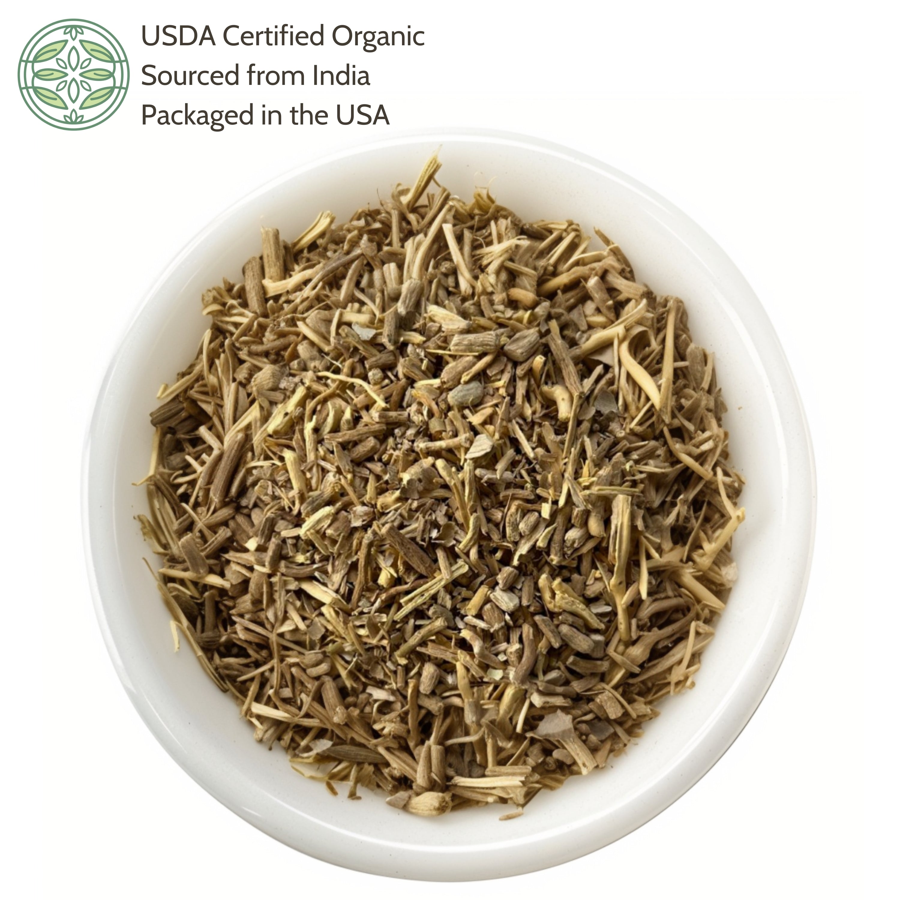 White bowl filled with dried herbs, labeled as USDA Certified Organic sourced from India and packaged in the USA.