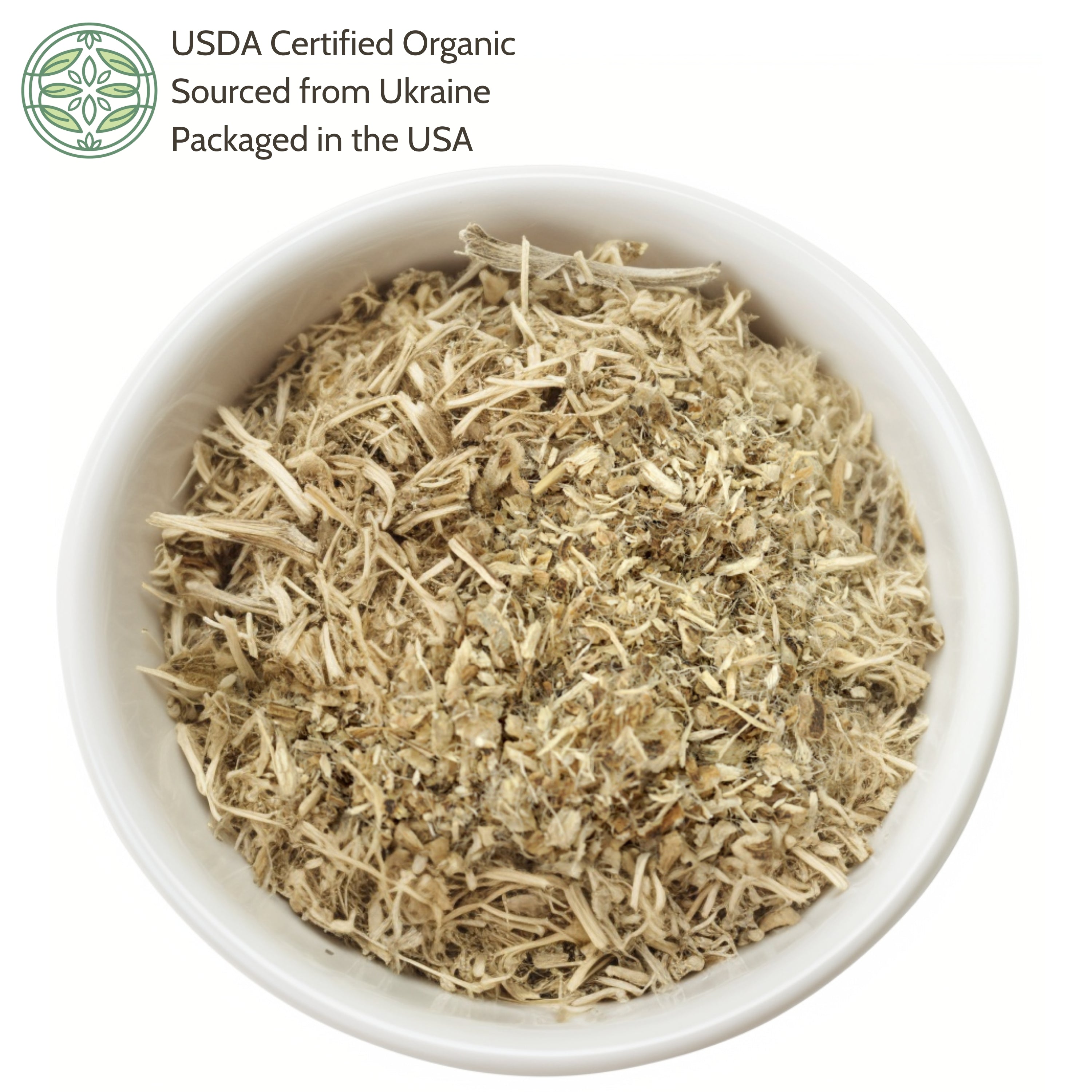 White bowl filled with dried herbs on a white background, with USDA Certified Organic label.