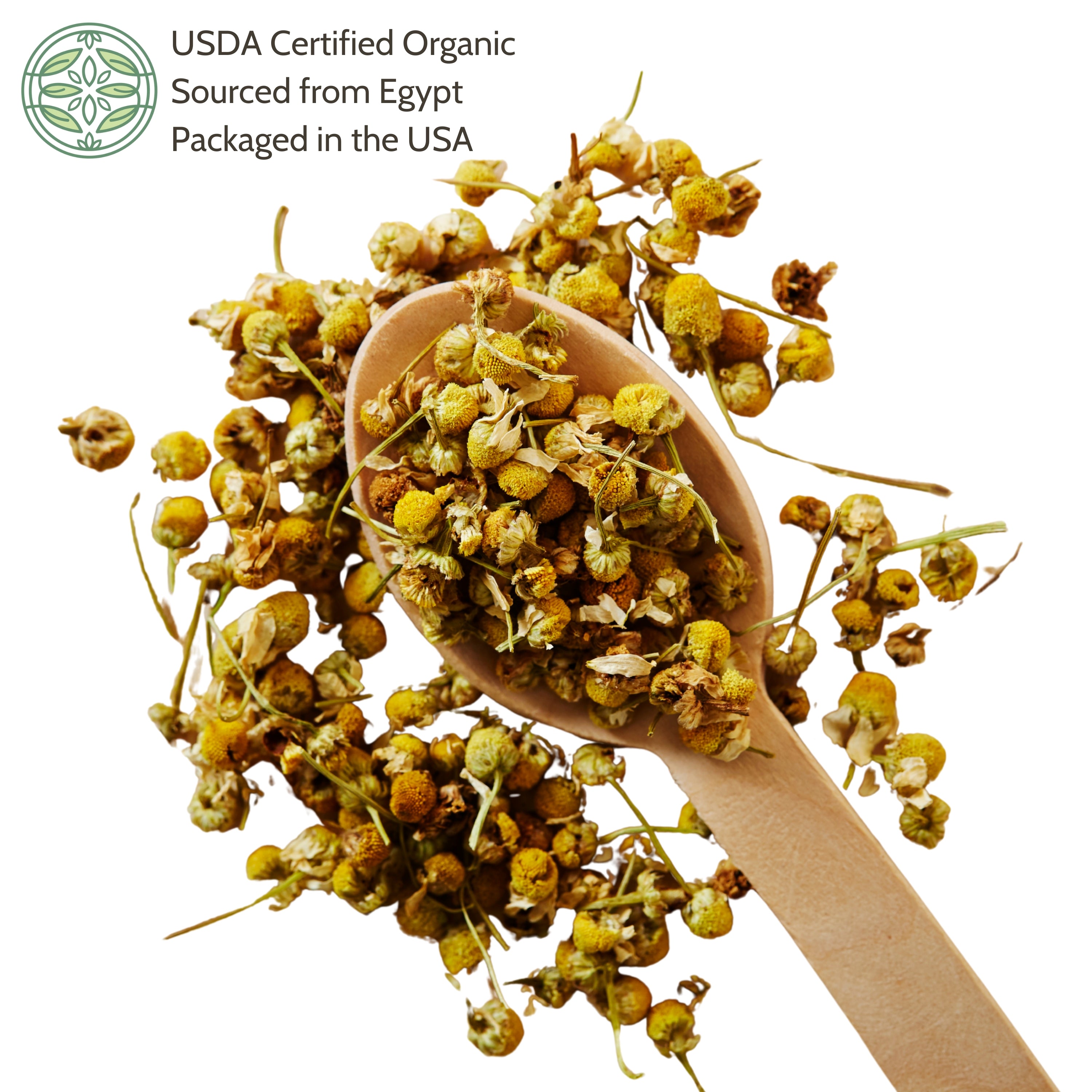 Dried chamomile on a wooden spoon with Elanen logo