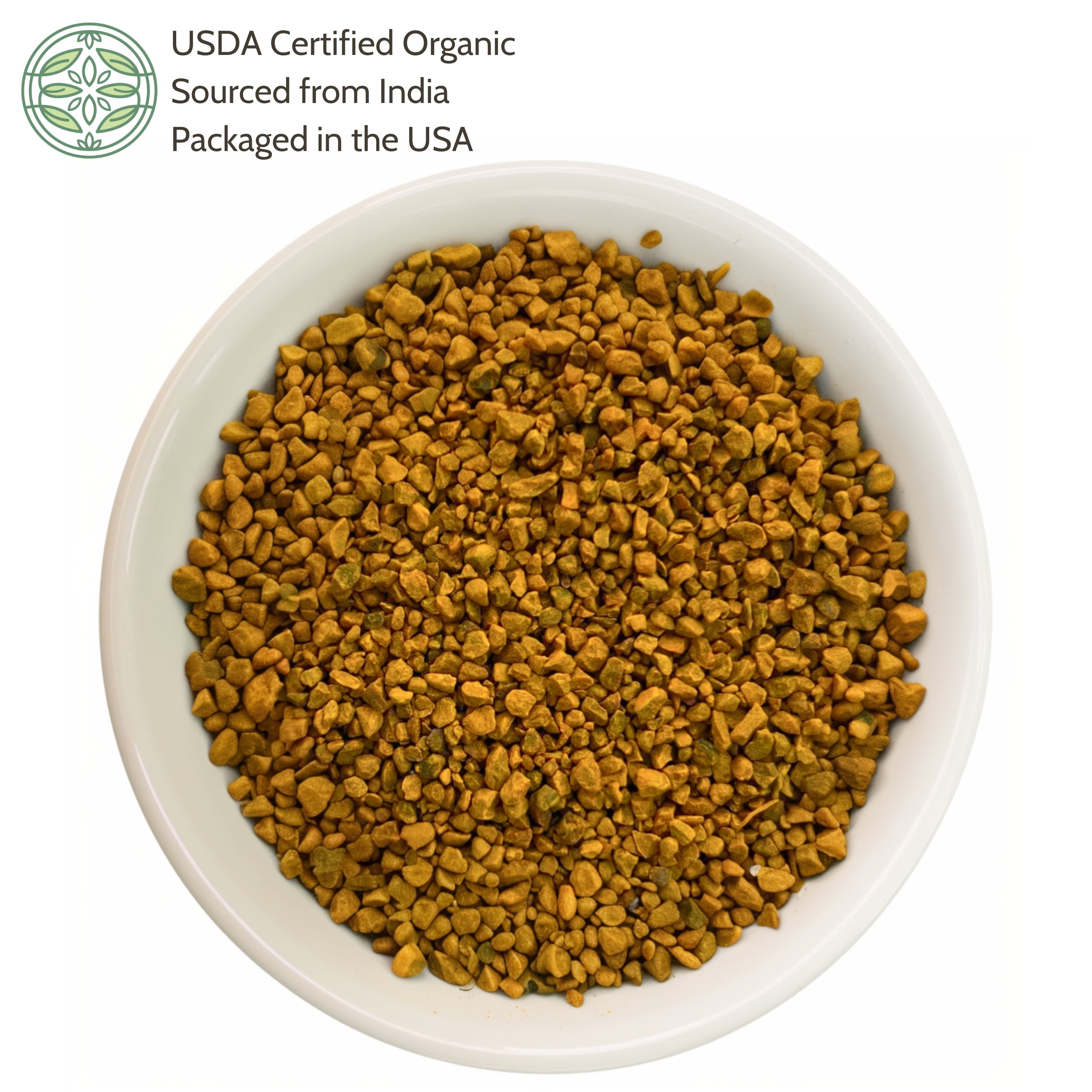 White bowl filled with yellowish-orange granules, labeled as USDA Certified Organic sourced from India and packaged in the USA.