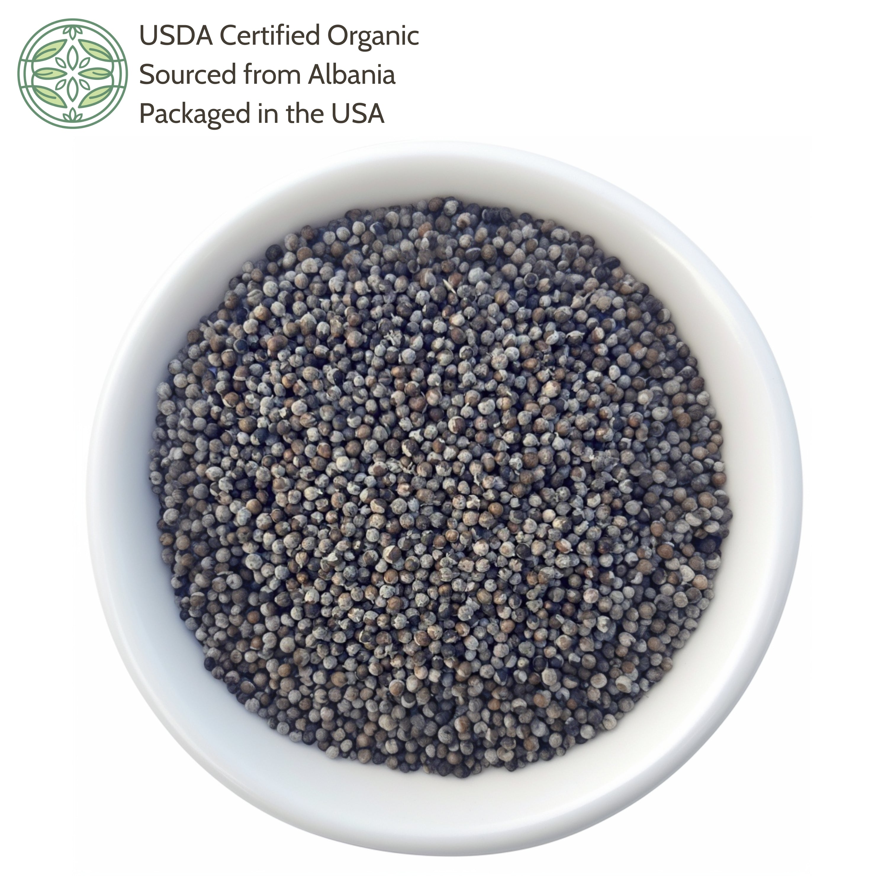 White bowl filled with organic chaste berry, sourced from Albania and packaged in the USA, on a white background.
